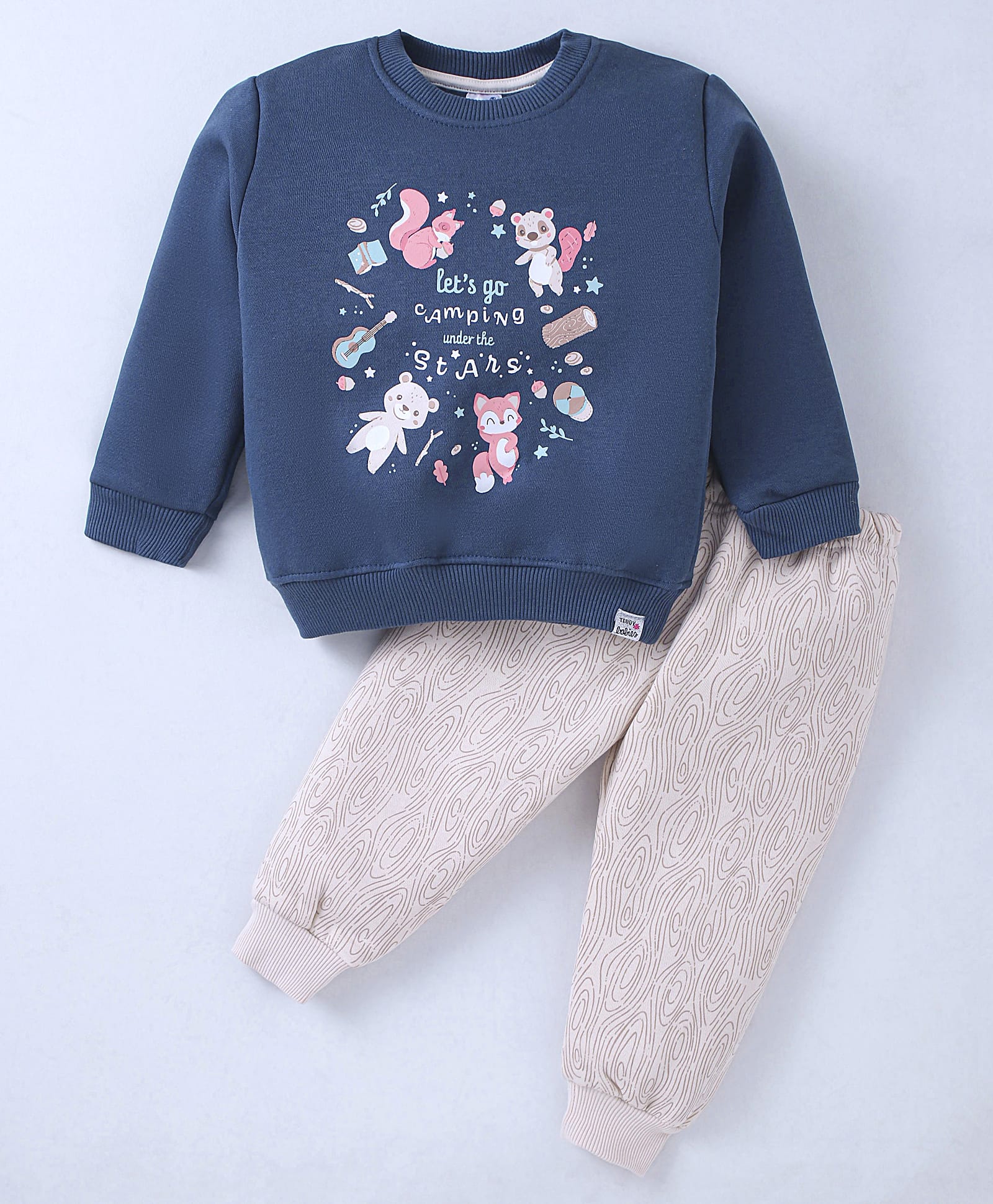Teddy Fleece Knit Full Sleeves Winter T-Shirt & Lounge Pant Set With Animal Print - Navy Blue-image-38