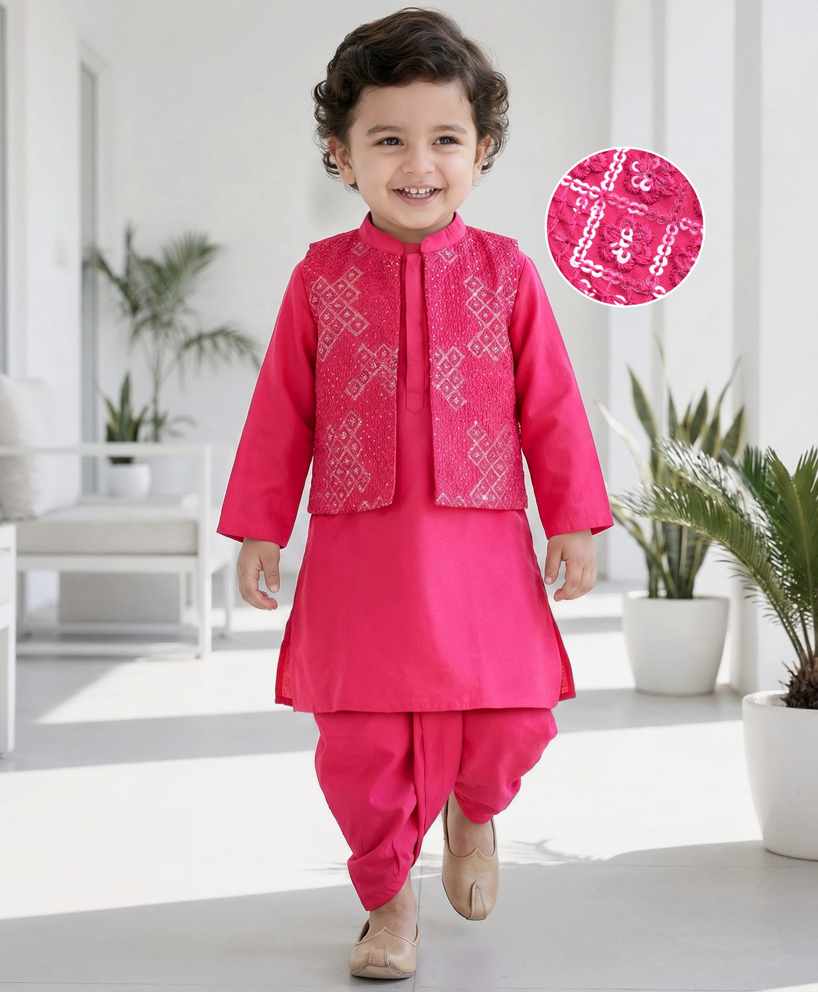 Babyhug Woven Full Sleeves Solid Colour Kurta Dhoti Set with Sequined Embroidered Nehru Jacket - Dark Pink-image-45
