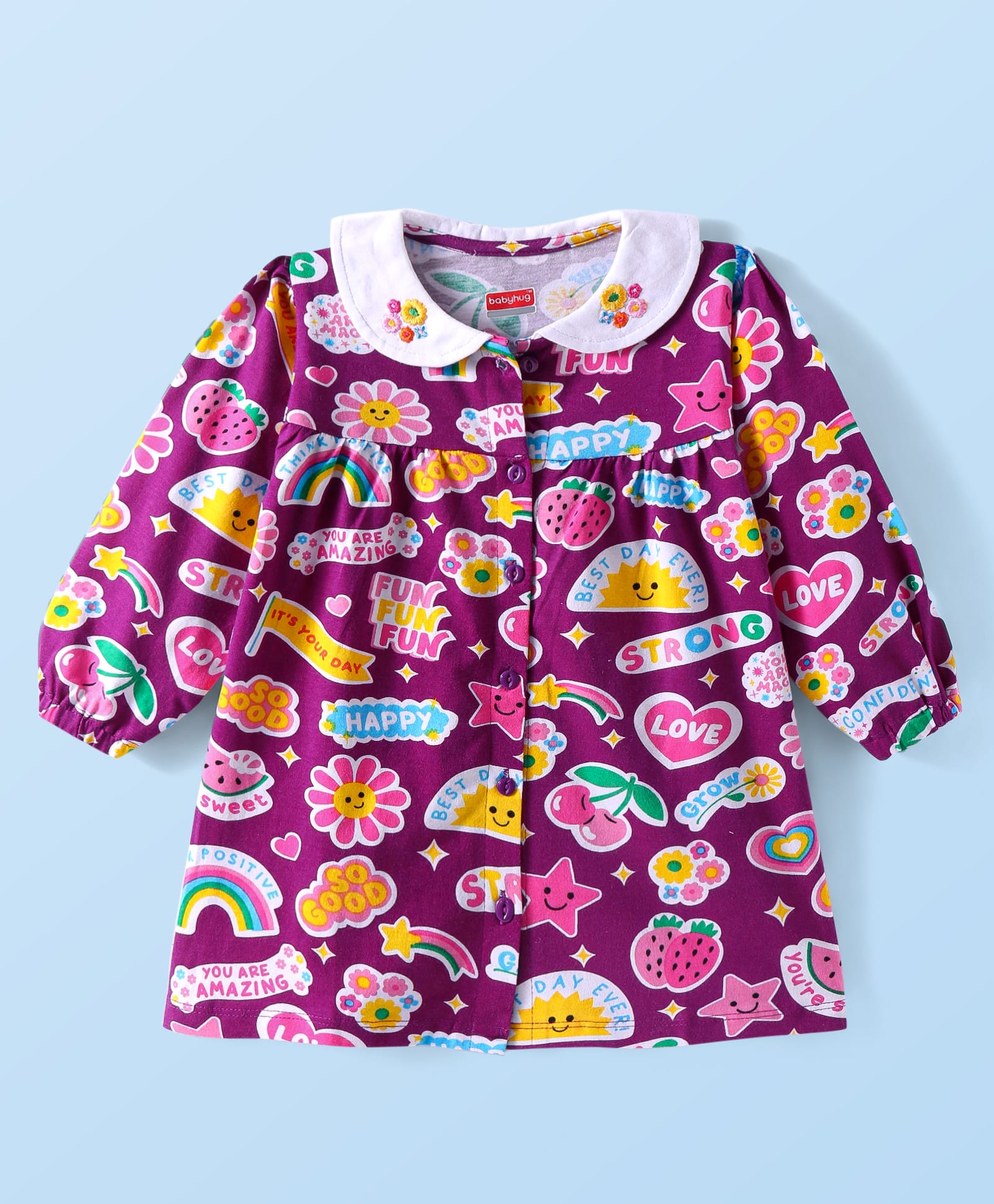 Babyhug Single Jersey Knit Full Sleeves Peter Pan Collar Frock With Rainbow & Text Print - Purple-picture-17