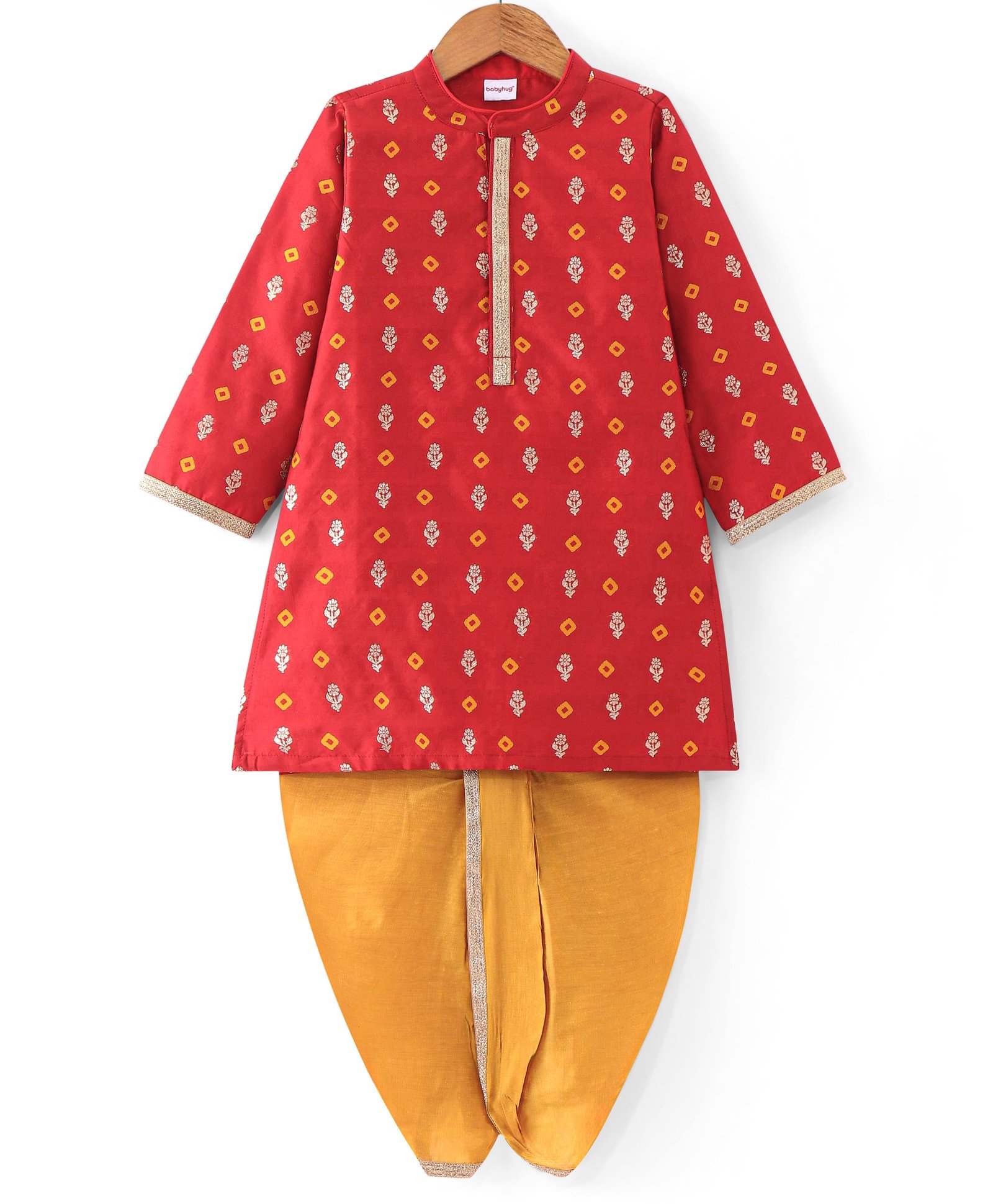 Babyhug Woven Full Sleeves Foil Printed Kurta Dhoti Set - Red-image-27