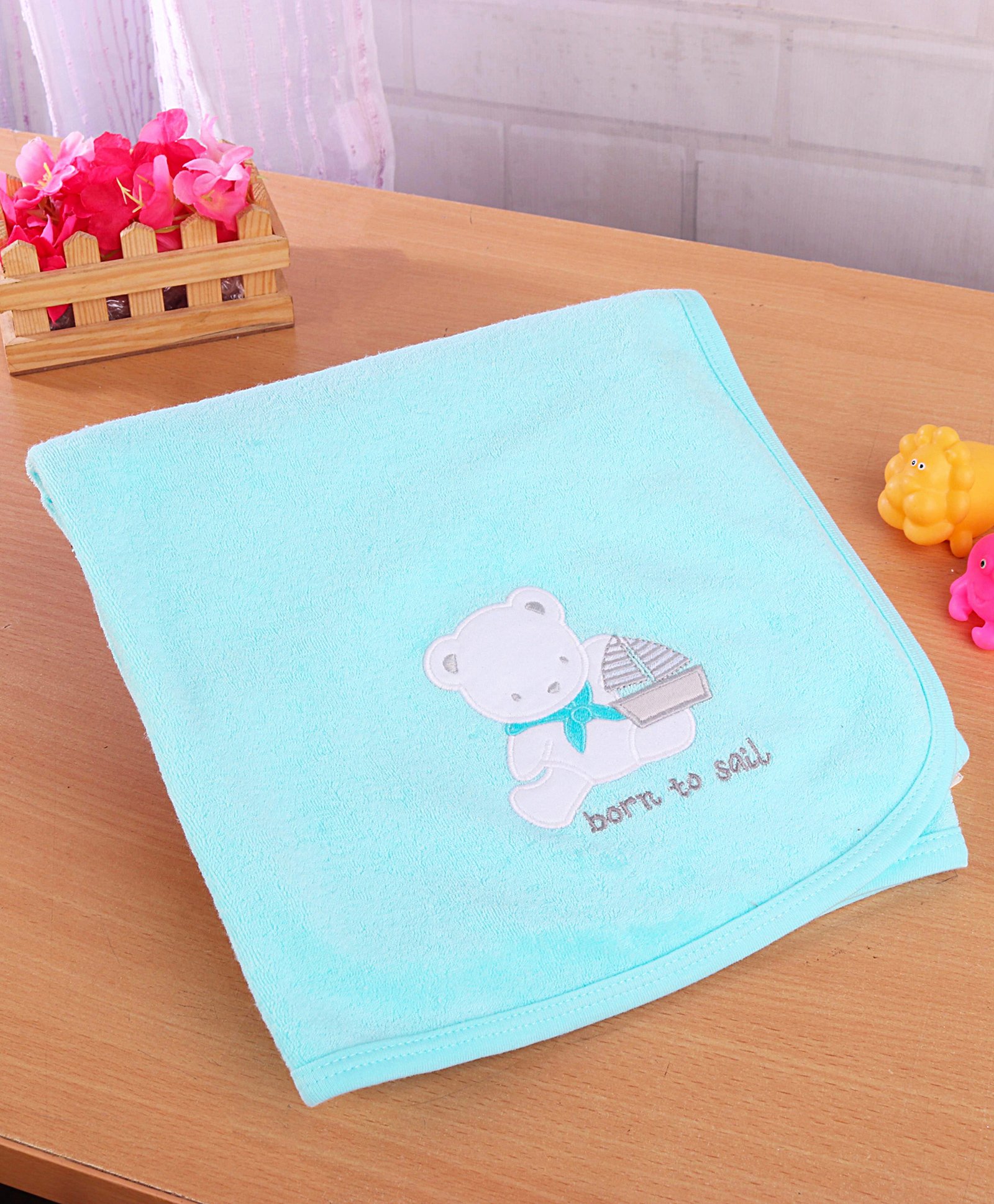 Simply Terry Cotton Knit Teddy  Embroidery Towel & Wrapper  L 80 x B 80 cm -  Aqua Blue-image-4