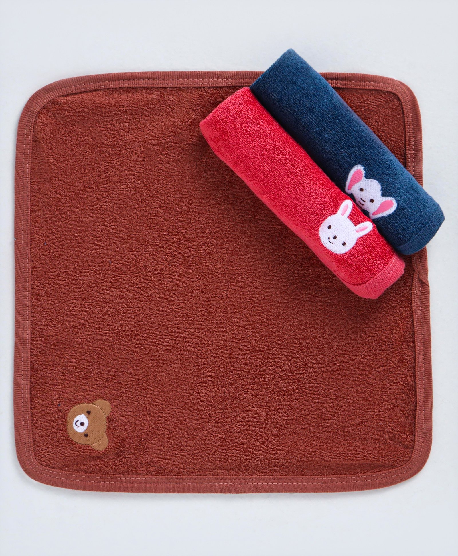 Simply Terry Knit Hand & Face Towels Bear Rabbit & Elephant Print Pack of 3 L 21 x B 17.5 x H 1 cm - Brown Red Navy & Blue-image-38