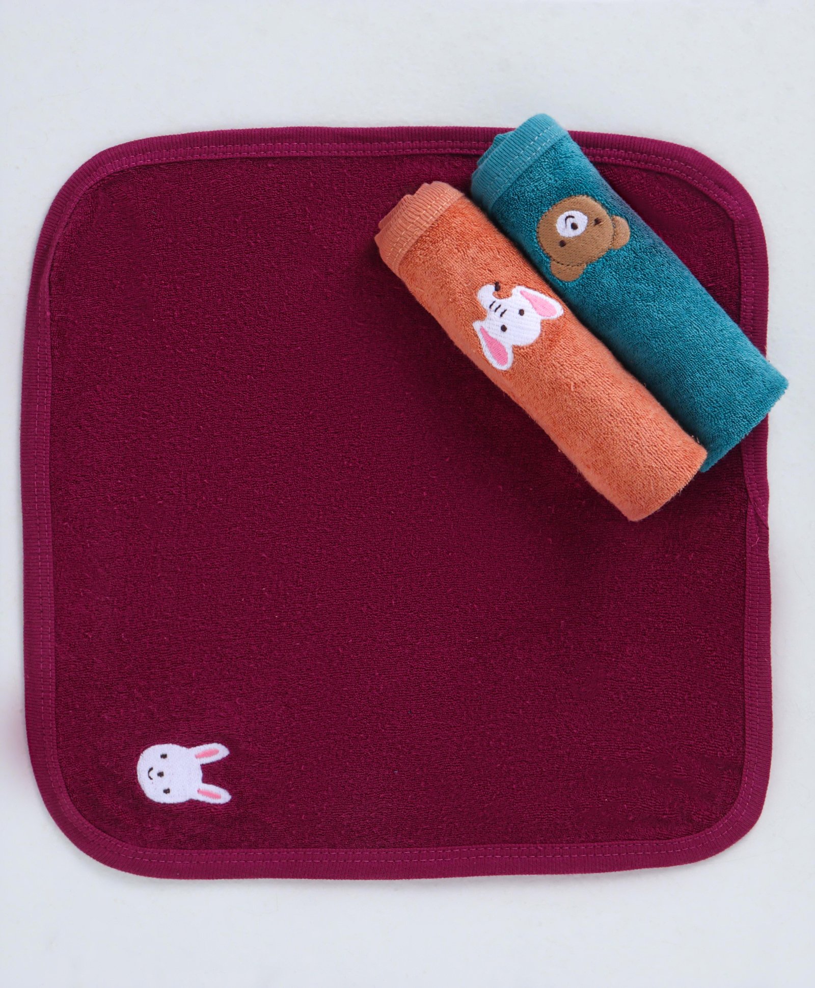 Simply Terry Knit Hand & Face Towels Rabbit Elephant & Bear Print Pack of 3 L 21 x B 17.5 x H 1 cm - Dark Red Orange & Blue-image-33