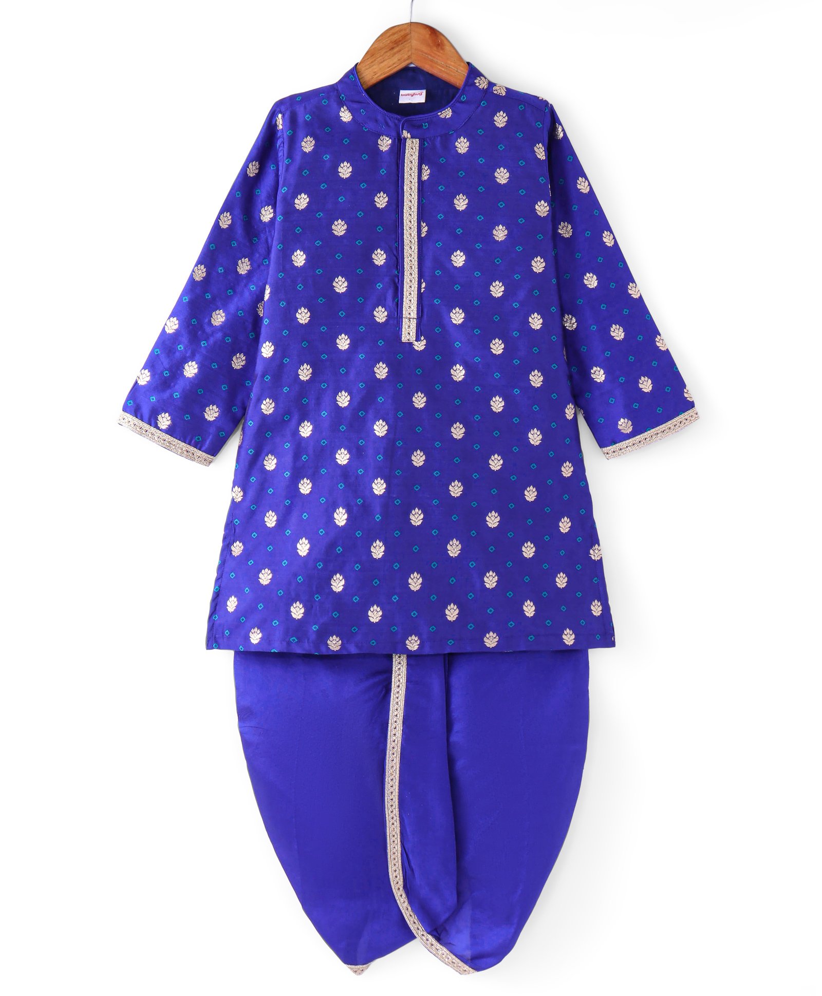 Babyhug Woven Full Sleeves Dobby Foil Printed Kurta Dhoti Set with Lace Detailing - Blue-image-34