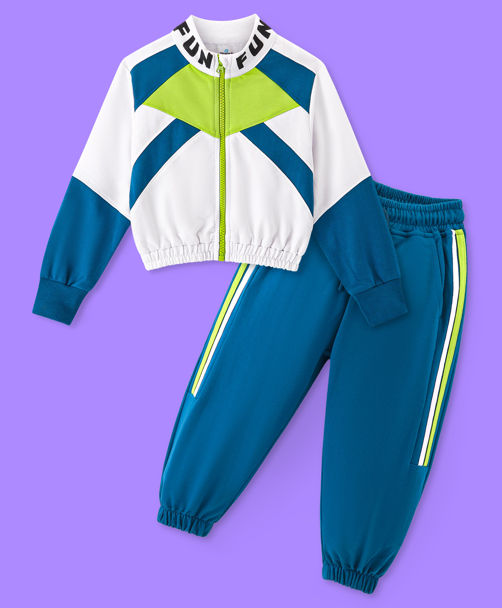 Ollington St. Cotton Looper Knit Full Sleeves Color Blocked Jacket & Joggers Set - Teal Blue & White-image-39