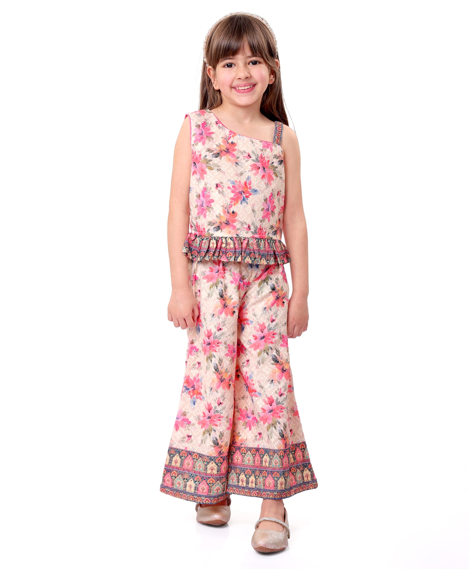 Babyhug Woven Schiffly Sleeveless Floral Printed Crop Top & Palazzo Set with Frill Detailing - Pink-picture-32