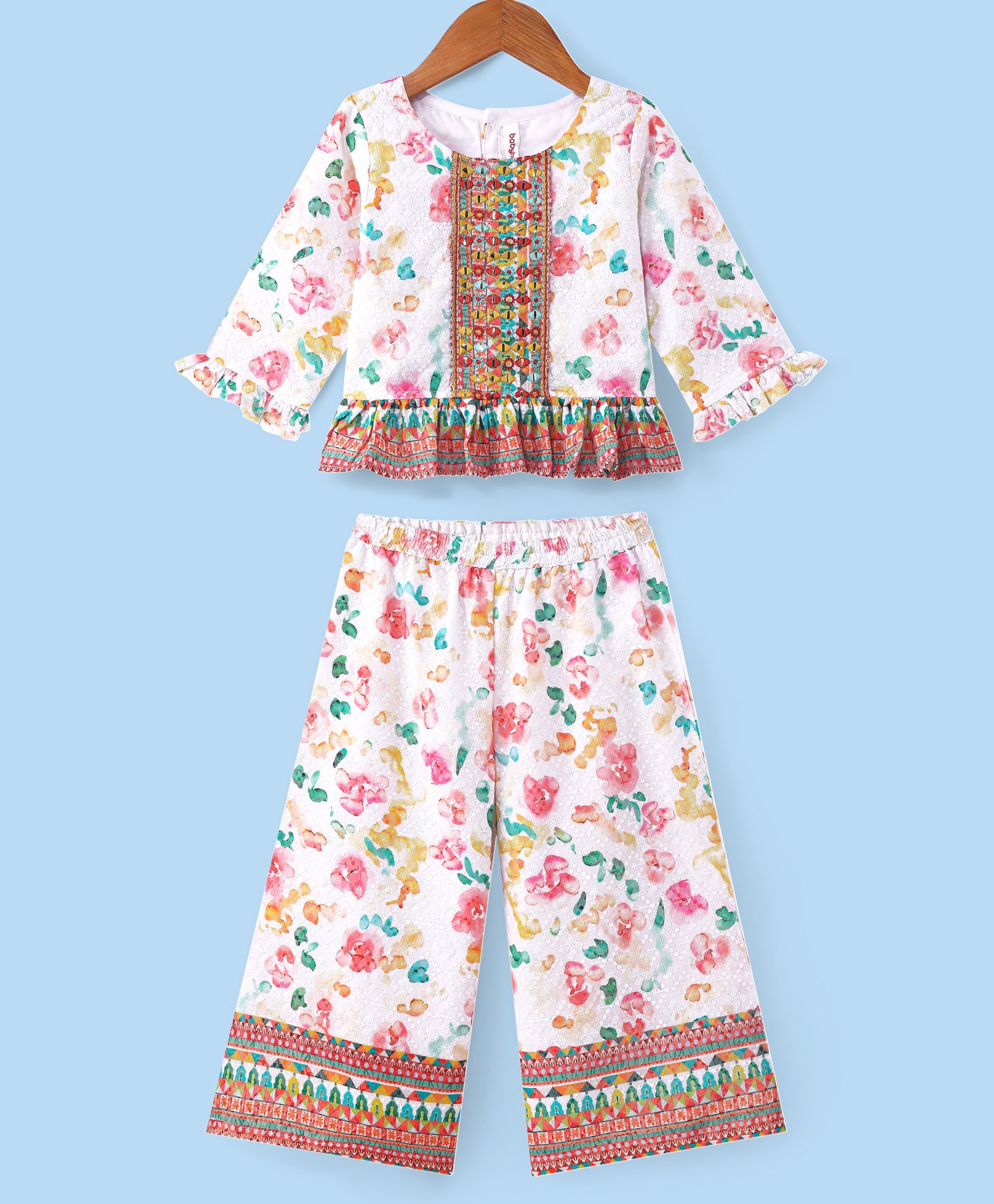 Babyhug Woven Schiffly Full Sleeves Floral Printed Crop Top & Palazzo Set with Frill Detailing - White-image-45