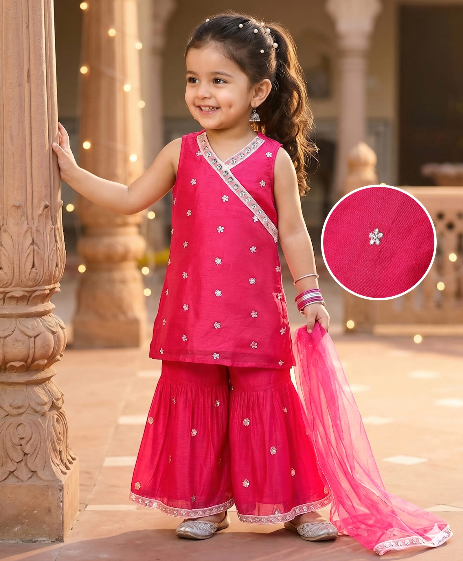 Babyhug Woven Sleeveless Floral Embroidered Kurti Gharara Set with Dupatta - Fuschia-image-48