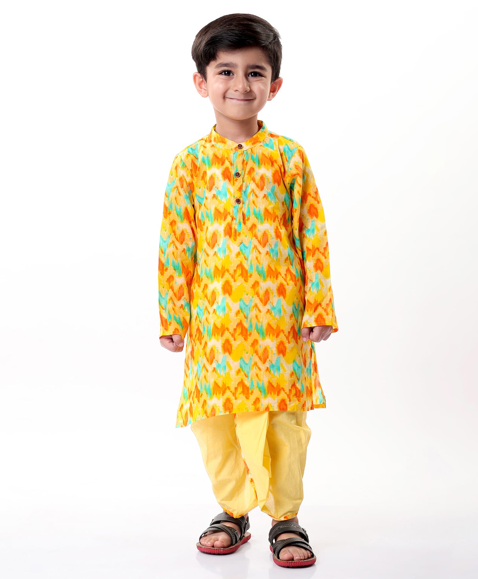Babyhug Cotton Woven Cambric Lurex Full Sleeves Printed Kurta Dhoti Set - Yellow