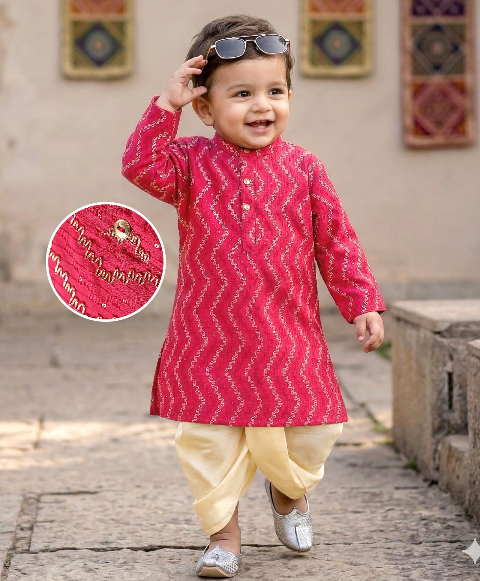 Babyhug Woven Full Sleeves Sequinned Embroidered Dhoti Kurta Set - Dark Pink-picture-25