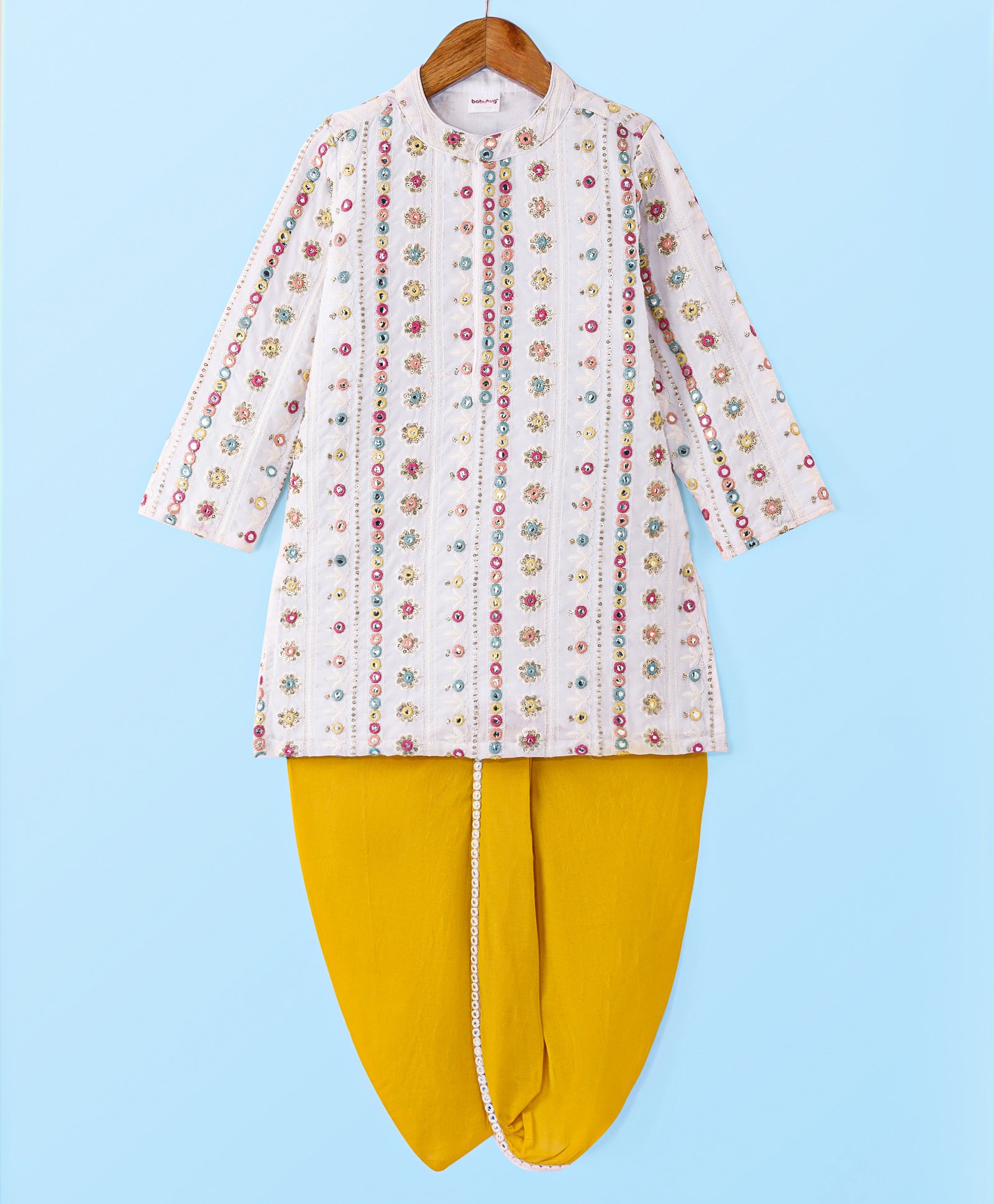 Babyhug Woven Full Sleeves Kurta Dhoti Set With Embroidery & Sequin Design - Yellow & White-image-43