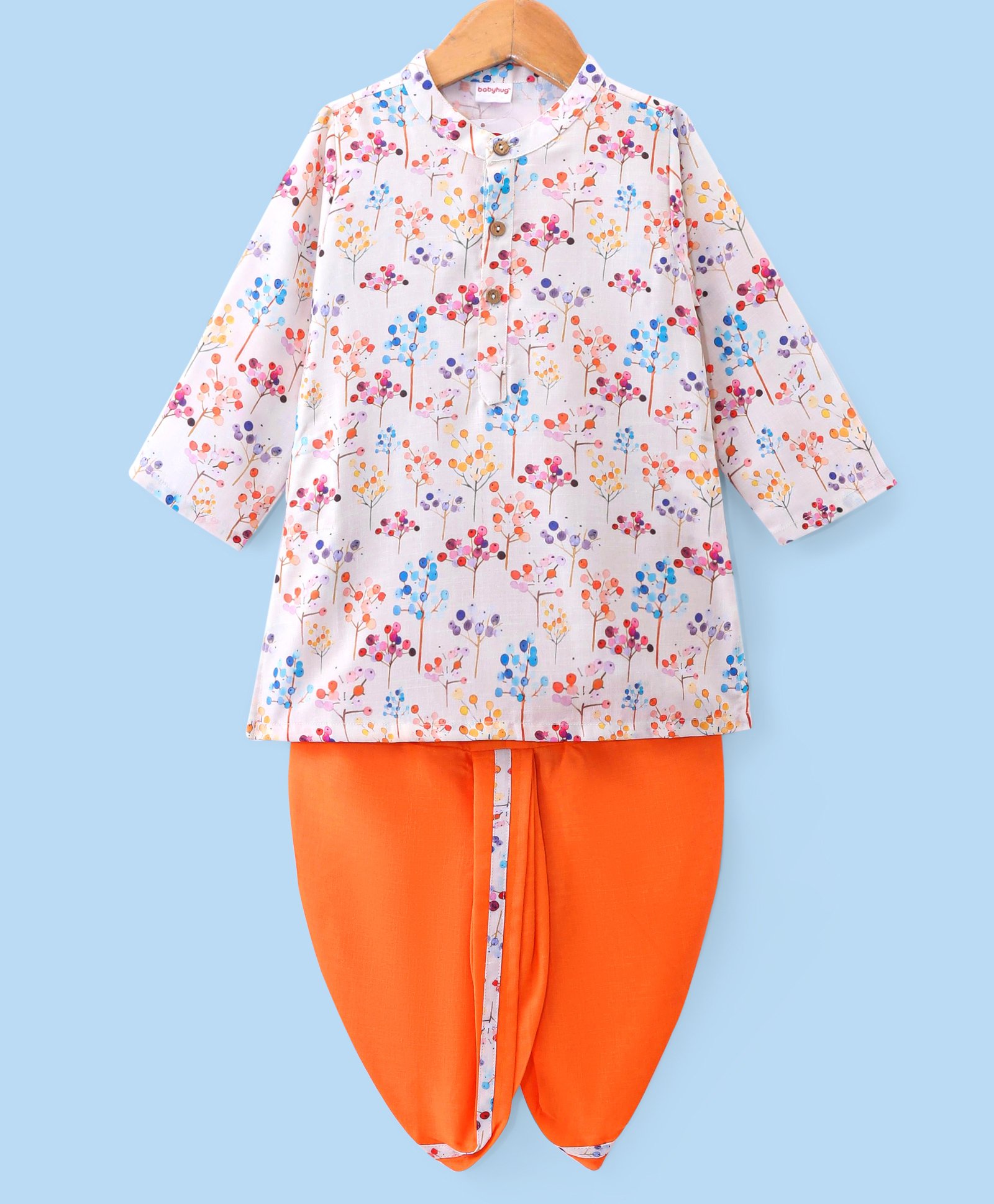 Babyhug Cotton Woven Full Sleeves Floral Printed Kurta Dhoti Set - White &Orange-picture-12