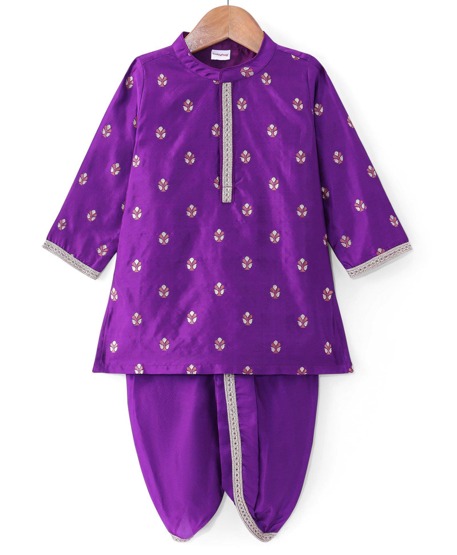Babyhug Woven Dobby Foil Printed Full Sleeves Kurta Dhoti Set - Purple-picture-21