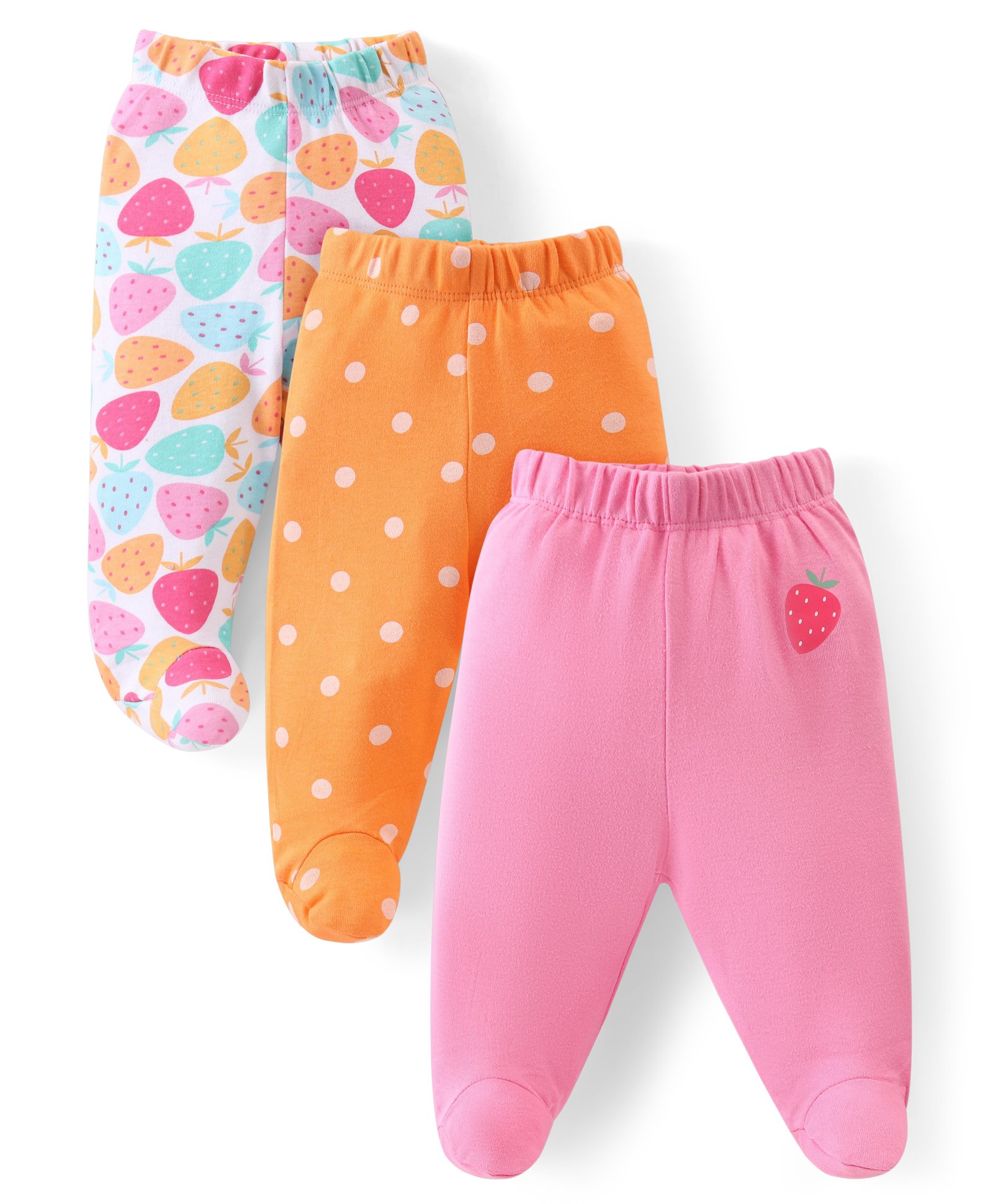 Babyhug Cotton Knit Strawberry & Polka Dot Printed Bootie Leggings Pack of 3 - White Orange & Pink-image-39