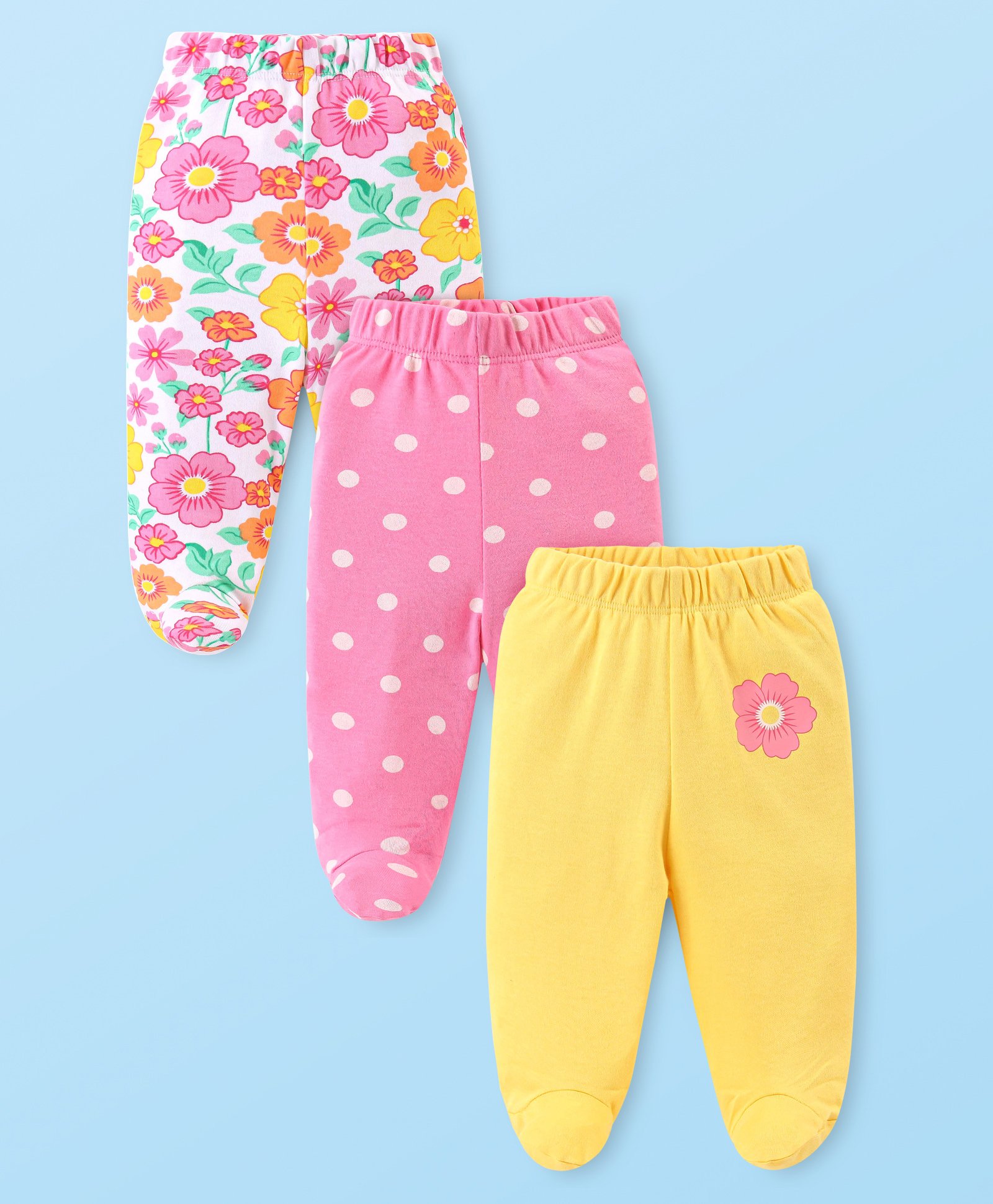 Babyhug Cotton Knit Floral & Polka Dots Printed Footed Leggings - Cream Pink & Yellow-image-11