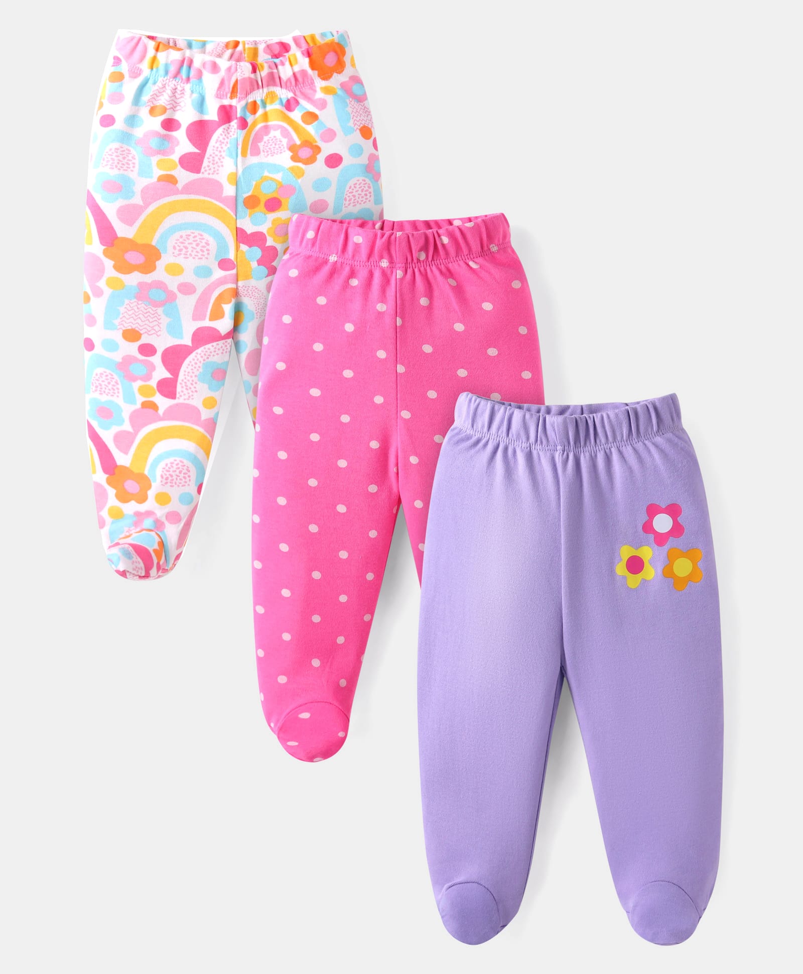 Babyhug Interlock Cotton Knit Bootie Leggings Floral Print Pack of 3 - Pink Purple & White-image-14