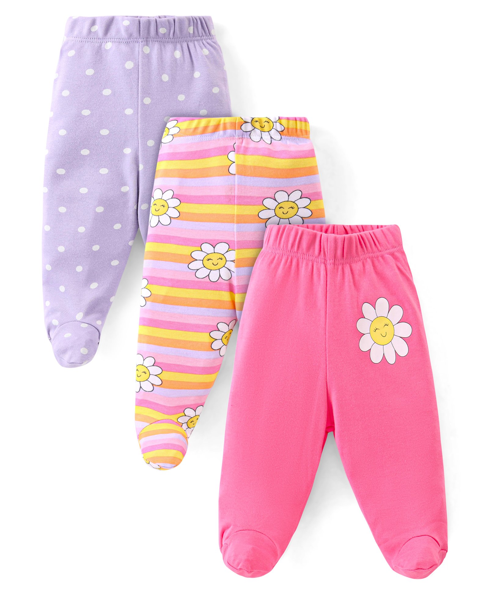 Babyhug Cotton Knit Floral & Polka Dots Printed Footed Leggings Pack of 3 - Purple Pink & Dark Pink-image-21