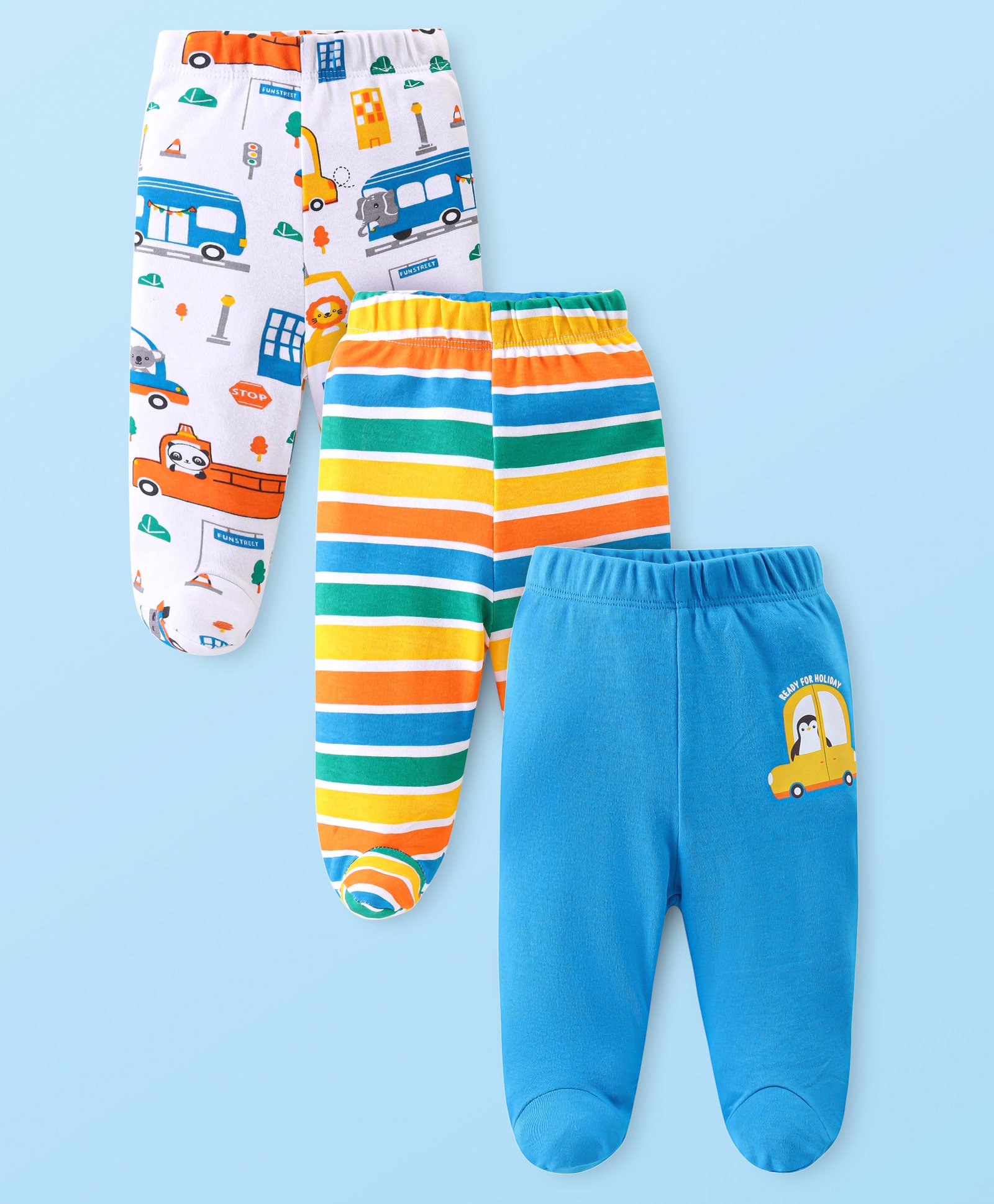 Babyhug Cotton Knit Striped & Vehicle Printed Footed Leggings Pack of 3 - White Yellow & Blue-image-34