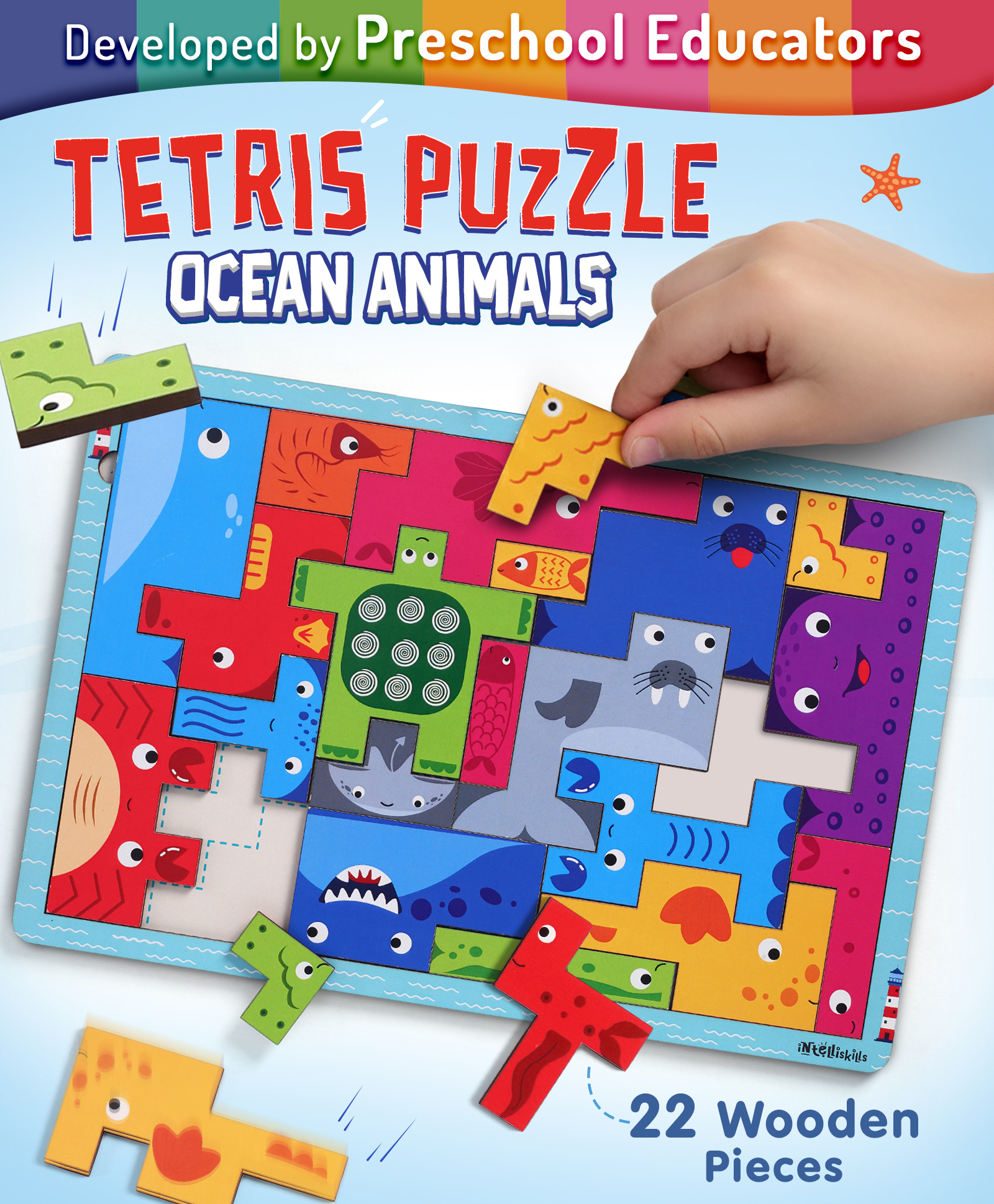 Intelliskills Wooden Tetris Puzzle - Ocean Animals for Kids | 22 Pieces | Brain Teaser Toy | Montessori Learning | Educational Jigsaw Puzzle | BIS Certified | Educator Recommended | Ideal for Gifting