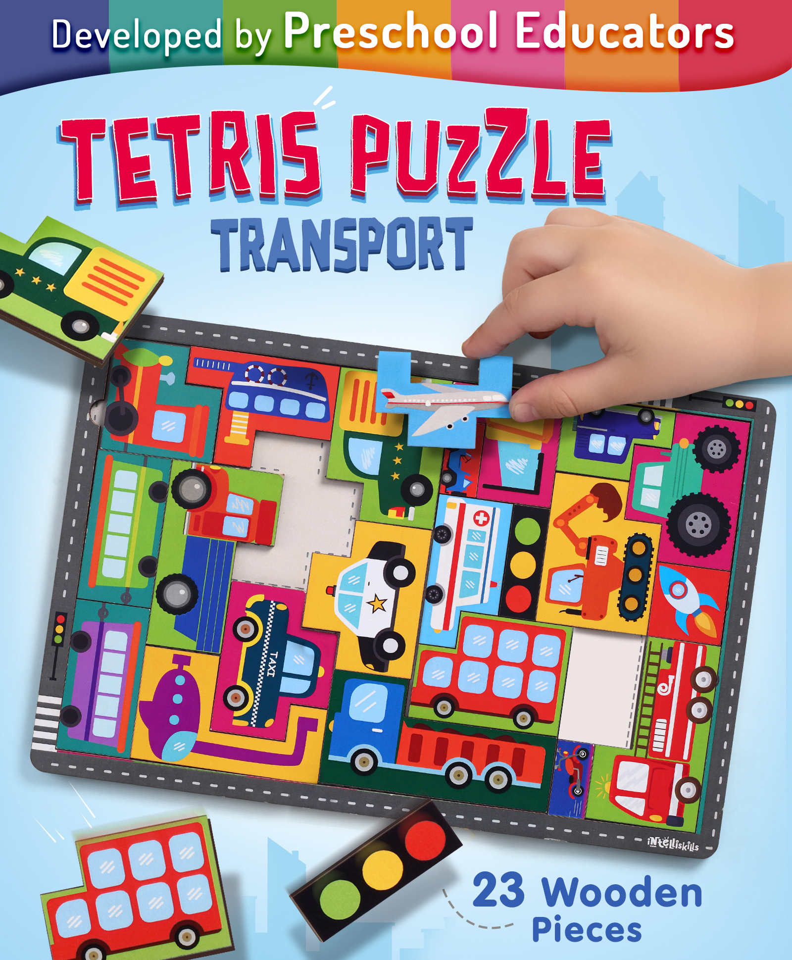 Intelliskills Wooden Tetris Puzzle - Transport (Vehicles) for Kids | 23 Pieces | Brain Teaser Toy | Montessori Learning | Educational Jigsaw Puzzle | BIS Certified | Educator Recommended | For Gifting