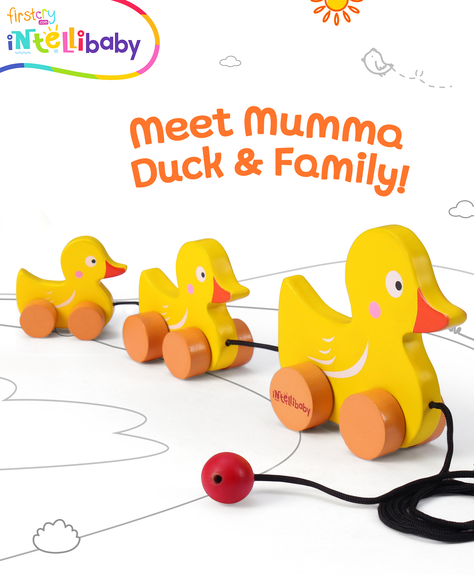 Intellibaby Premium Wooden Pull Along Duck & Ducklings | Walking Development Toy | Motivates Toddlers to Walk | Enhances Muscle Strength & Coordination | Ideal for Gifting | Safe for Toddlers