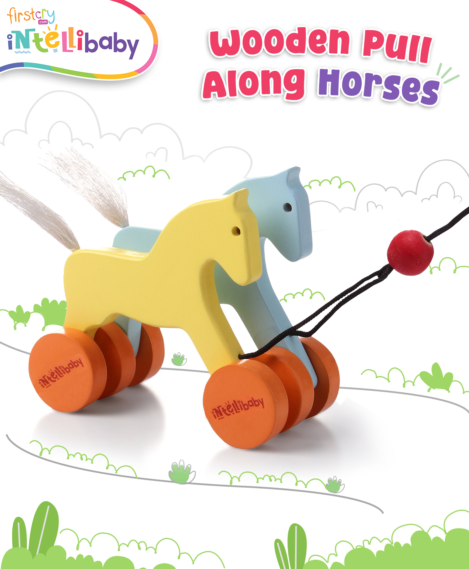 Intellibaby Premium Wooden Pull Along Horses | Walking Development Toy | Motivates Toddlers to Walk | Enhances Muscle Strength & Coordination | Ideal for Gifting | Safe for Toddlers
