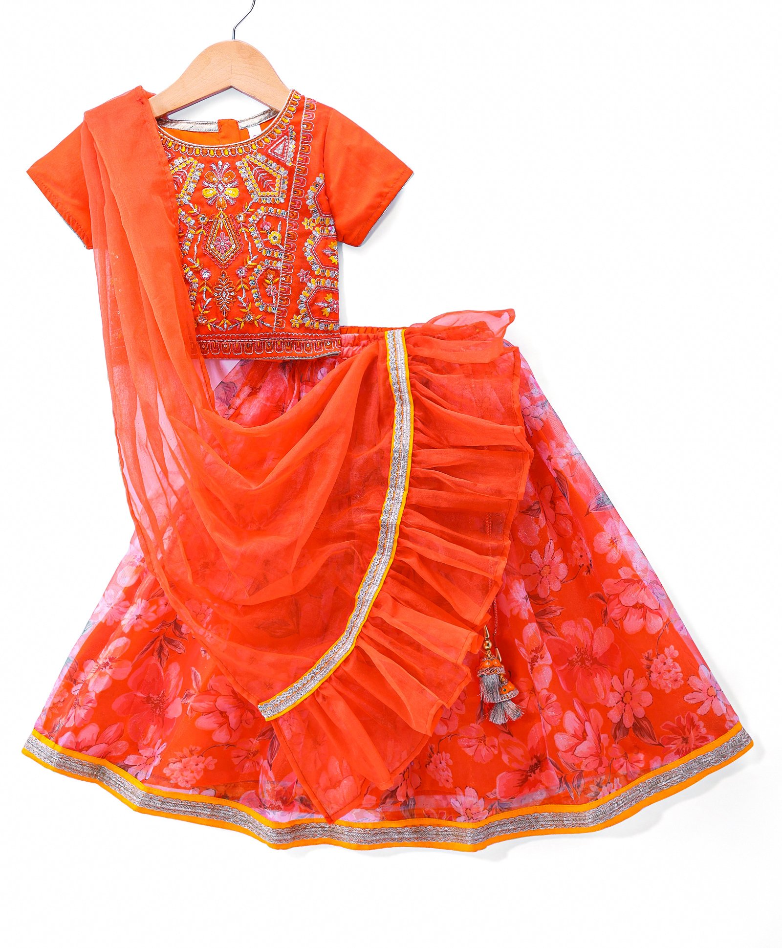Babyhug Woven Organza Floral Printed Half Sleeves Embroidered Choli Lehenga Set with Frill Dupatta - Orange-image-38
