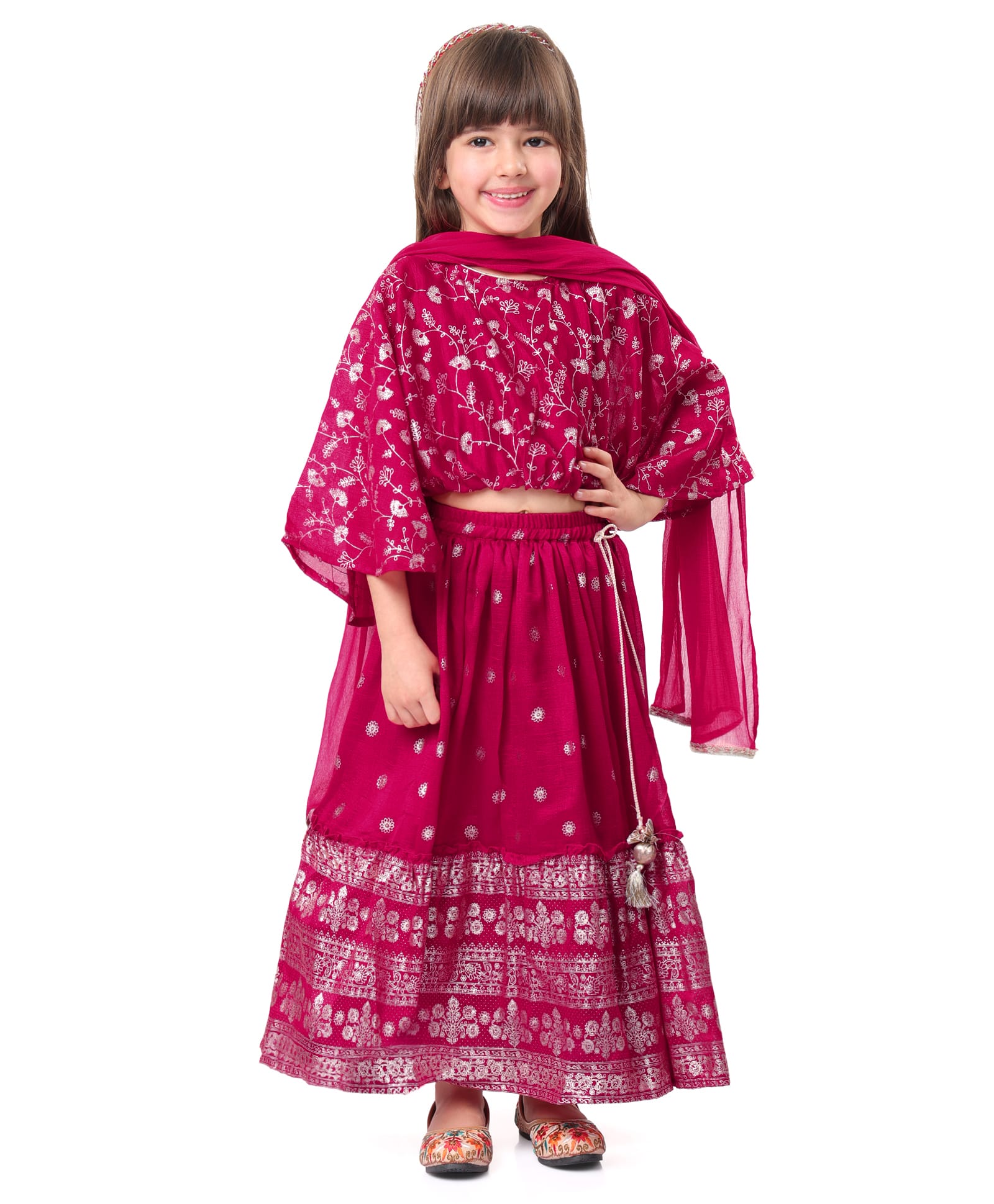 Babyhug Woven Three Fourth Sleeves Floral Foil Printed Bluson Choli Lehenga Set with Dupatta & Tassle Detailing - Hot Pink-picture-13