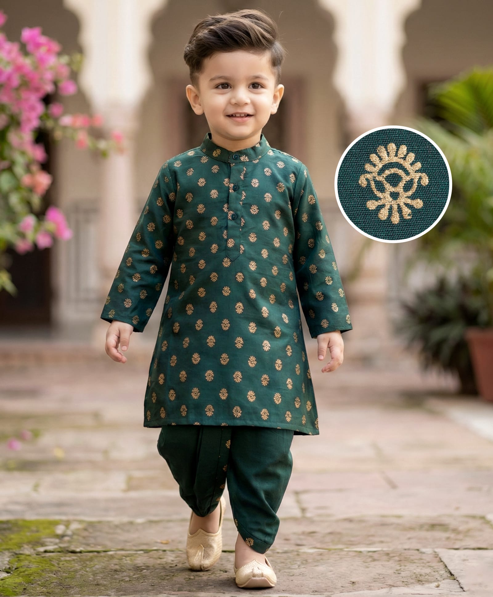 Babyhug Woven Full Sleeves Kurta Dhoti Set With Floral Foil Print - Dark Green-picture-15