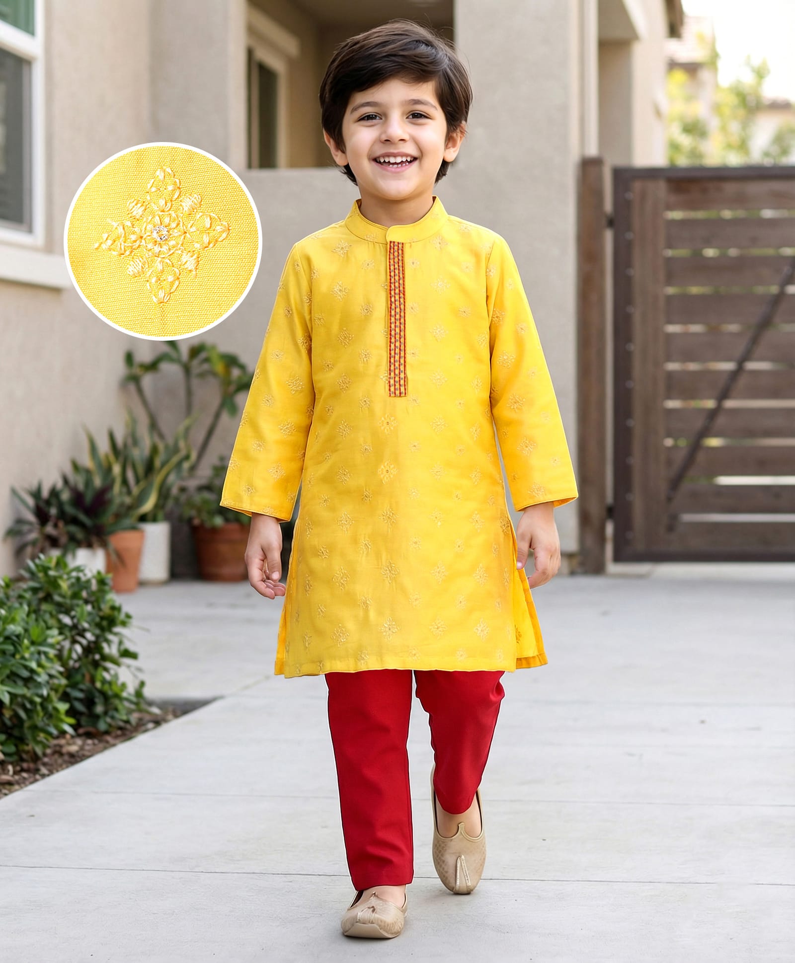 Babyhug Cambric Woven Full SleevesEmbroidered Kurta & Pyjama Set- Yellow-picture-11