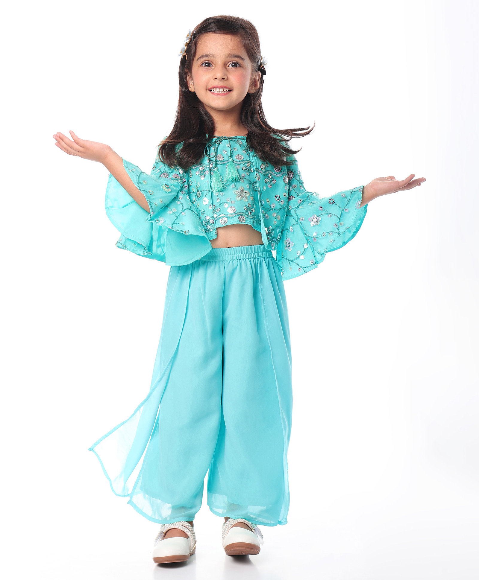 Babyhug Woven Sequinned Top with Palazo & Net Embroidered Bell Sleeves Shrug Set - Aqua-image-1