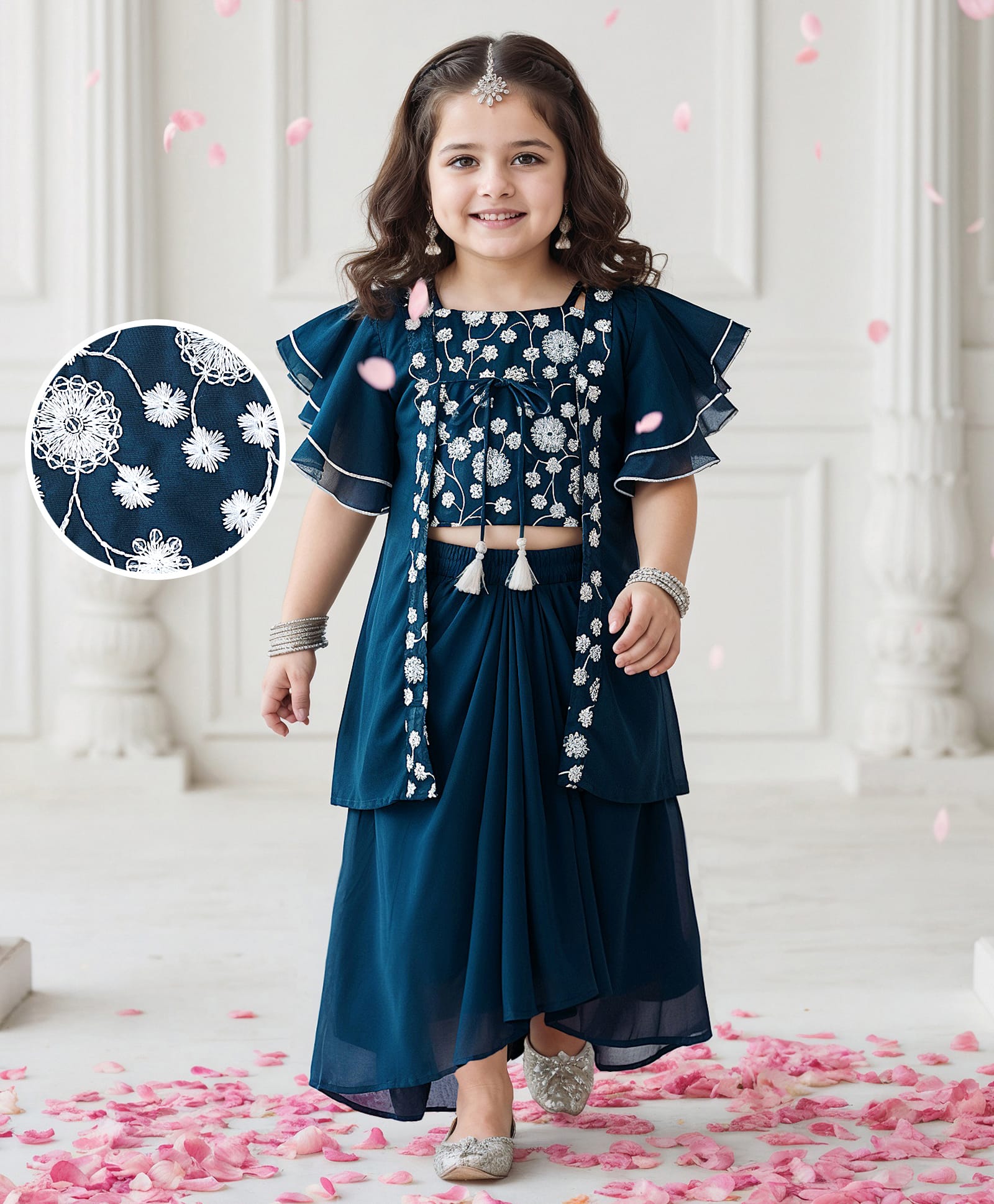 Babyhug Woven Floral Embroidered Lehenga Choli Set with Flutter Sleeves Jacket - Teal-image-14