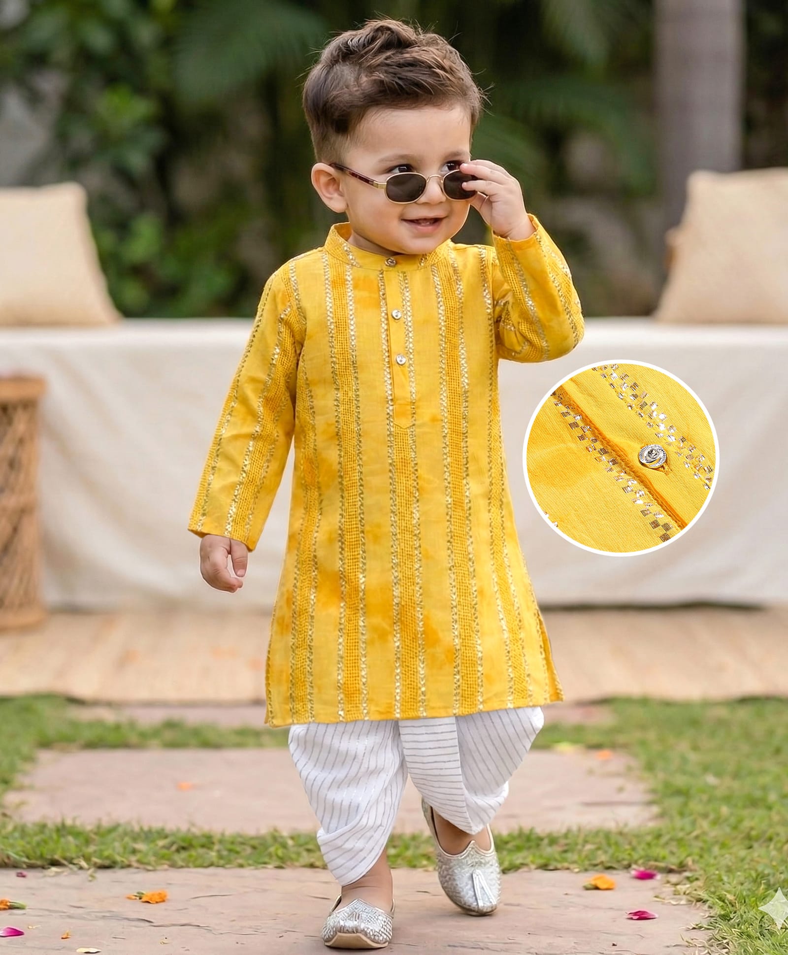 Babyhug Woven Full Sleeves Lurex Embroidered Kurta Dhoti Set - Yellow-picture-23