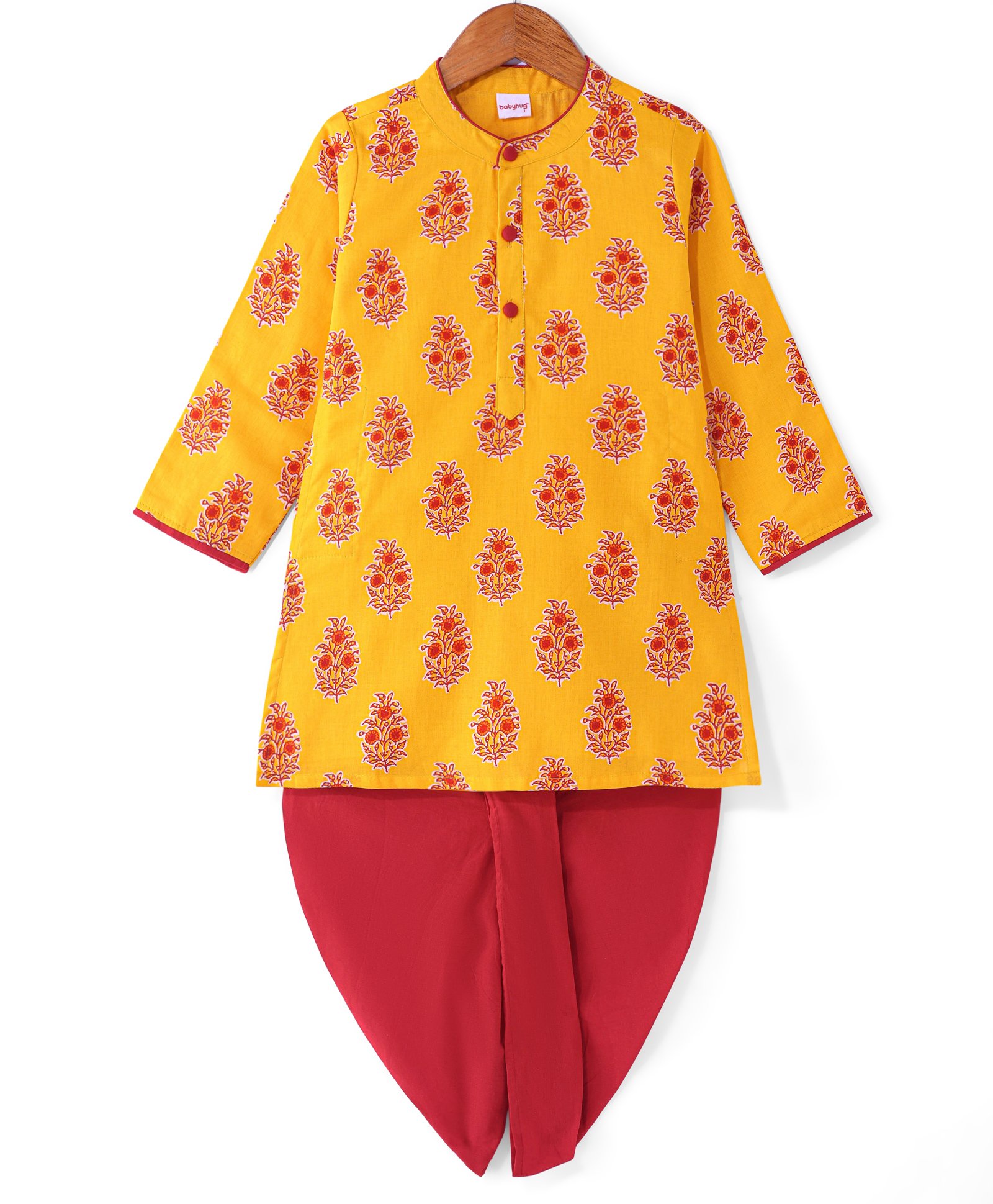 Babyhug Cambric Woven Full Sleeves Floral Printed Kurta Dhoti Set - Mustard & Maroon-picture-28