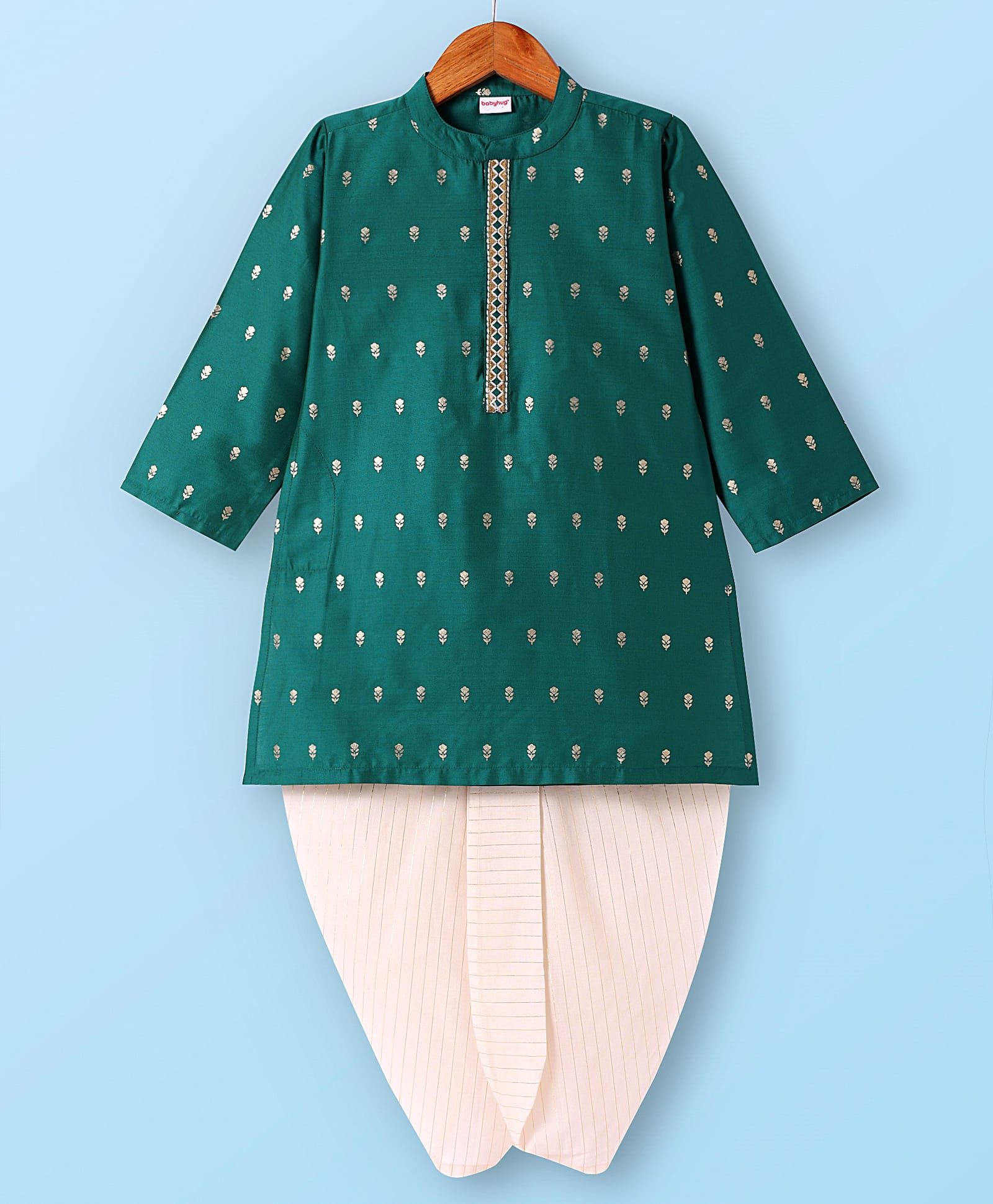 Babyhug Woven Brocade Foil Printed Full Sleeves Kurta Dhoti Set - Dark Green-image-18