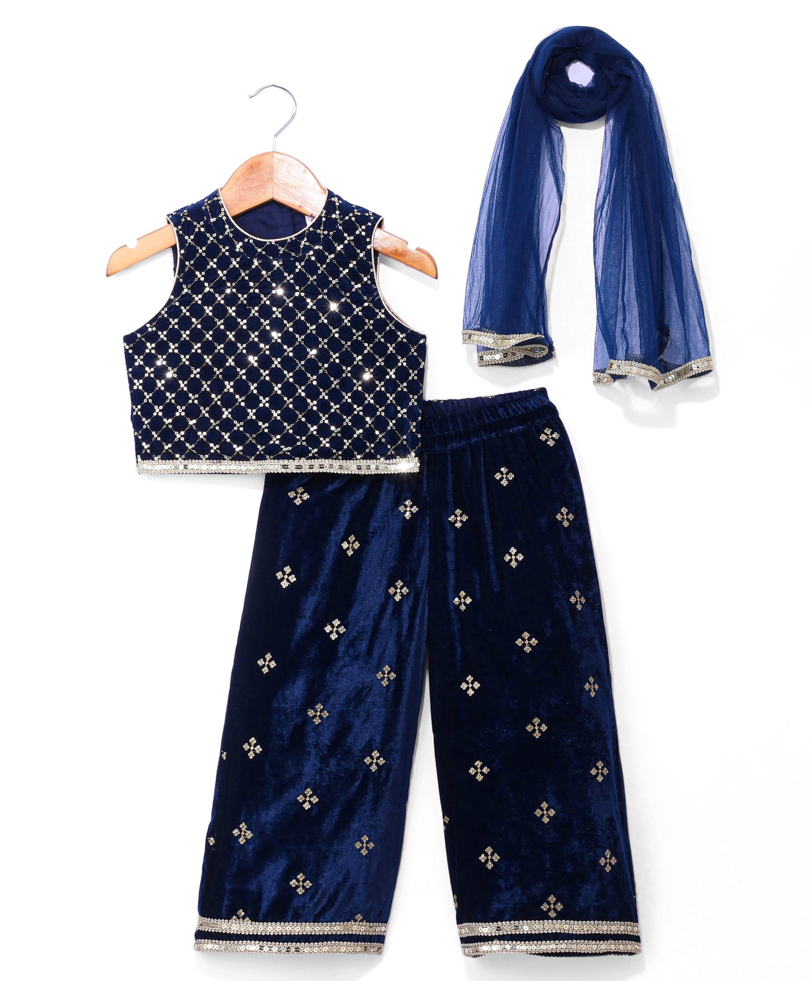 Babyhug Woven Sleeveless Top Palazzo & Dupatta Set with Sequin Embroidery - Navy Blue-image-41