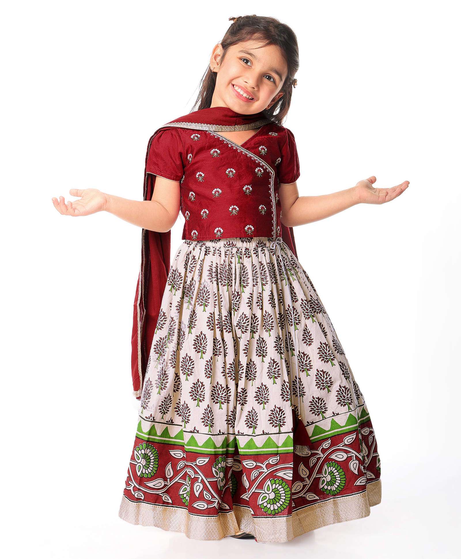 Babyhug Short Sleeve Angarakha Embroide Choli with Printed Lehenga & Dupatta Set- Maroon & White-image-25
