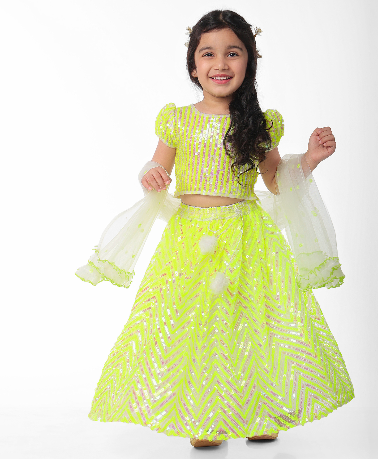 Babyhug Woven Short Puffed Sleeves Net Sequinned EmbroideredCholi Lehenga & Dupatta Set- Lime Green-image-42