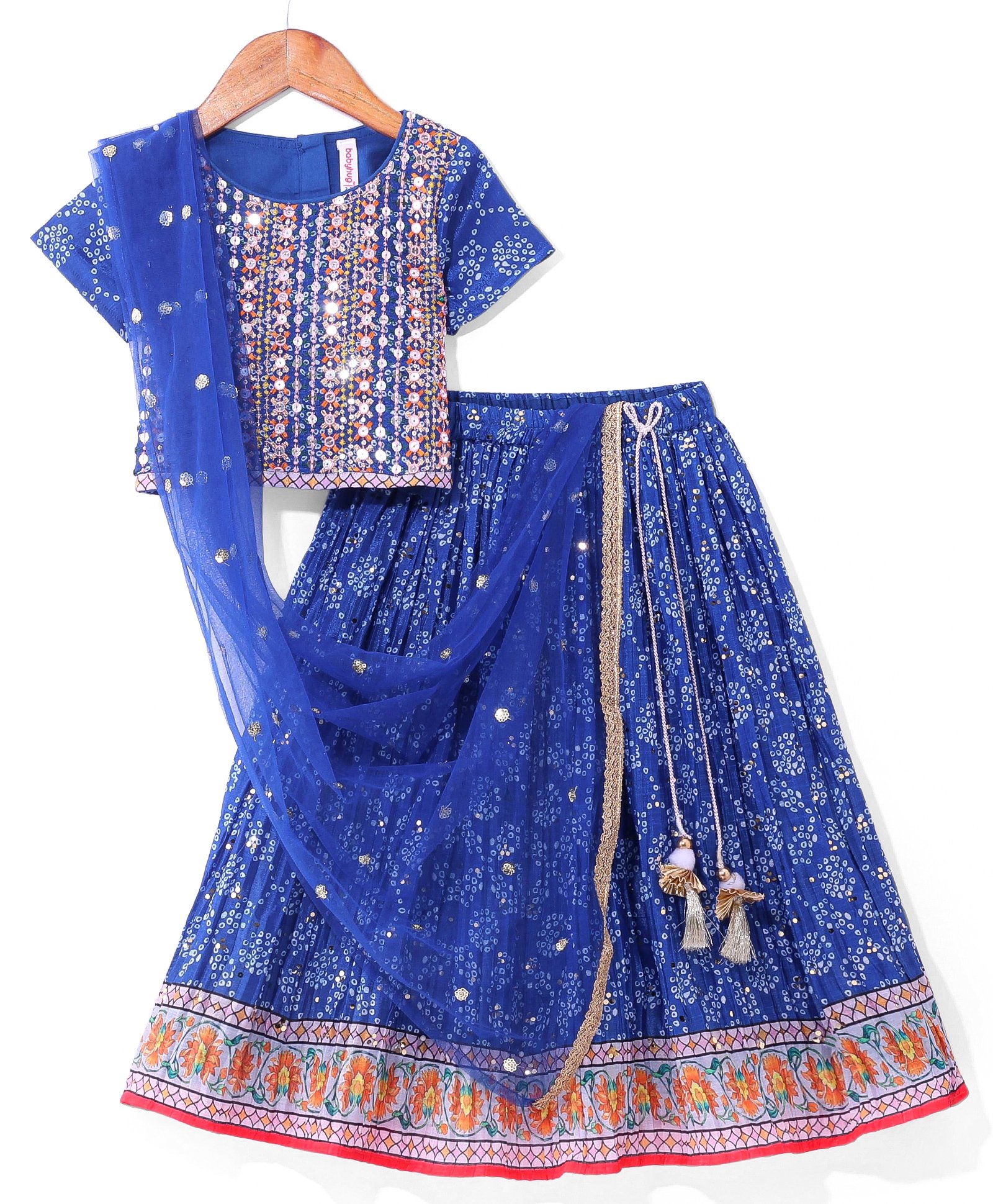 Babyhug Woven Half Sleeves Sequin Embroidered Bandhani Printed Choli & Crushed Lehenga Set with Dupatta & Tassle Detailing - Royal Blue-image-5