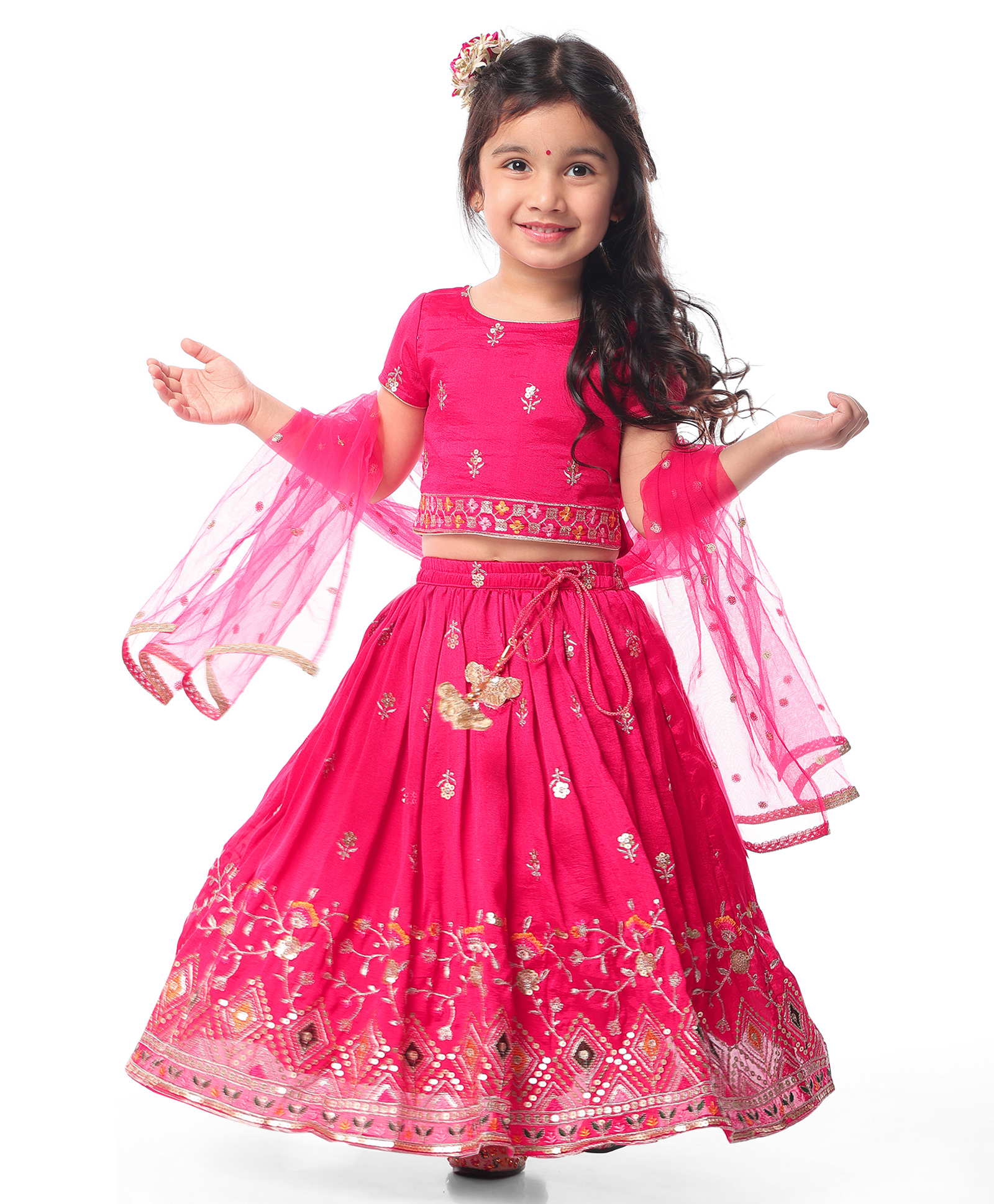 Babyhug Woven Short Sleeves Sequin Embroidered Choli With Lehenga & Dupatta Set Tassle Detailing - Dark Pink-image-40
