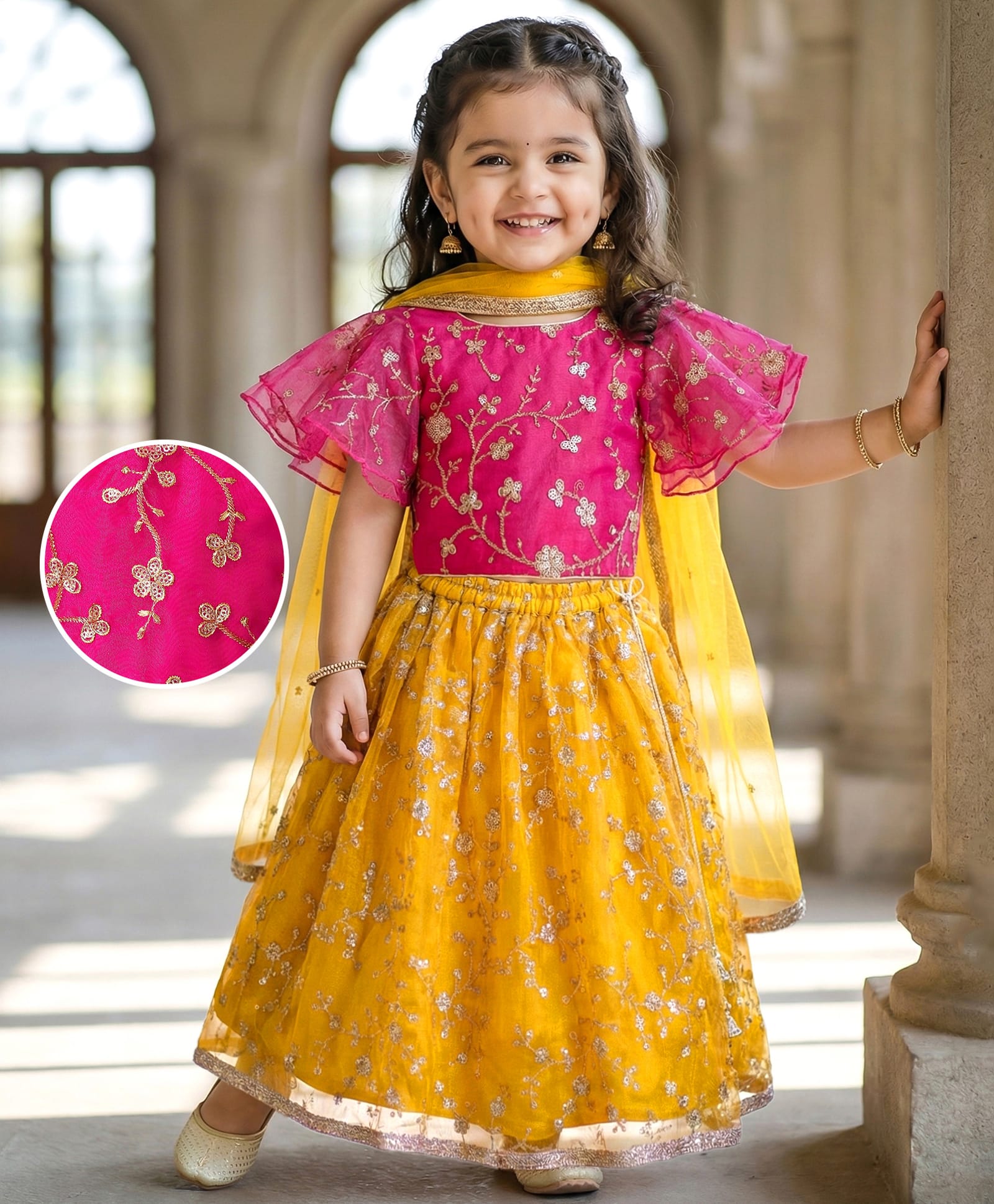 Babyhug Woven Flutter Sleeves Floral Net Embroidered Choli Lehenga & Dupatta Set - Yellow & Pink-image-35