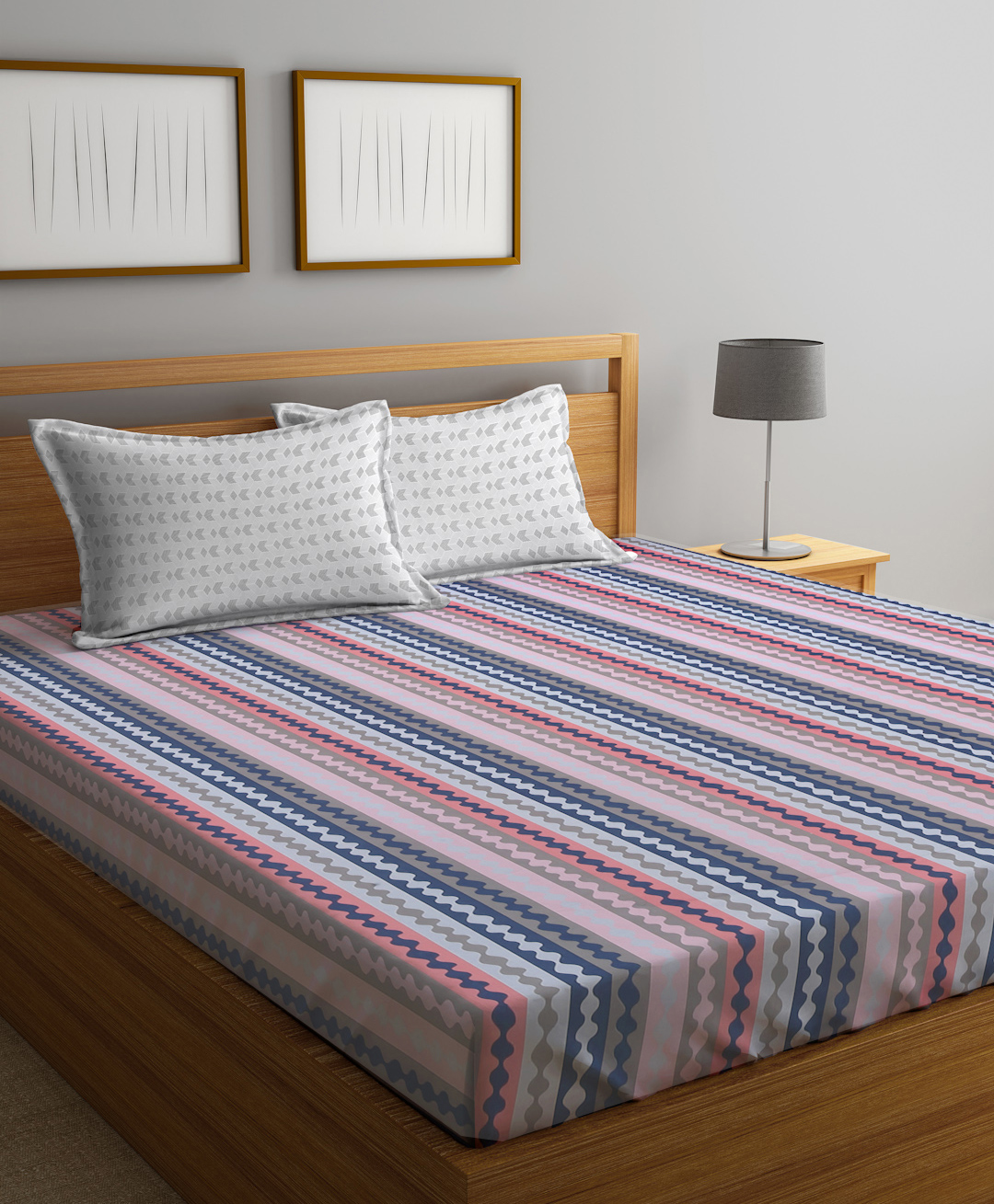 Klotthe Multicolor Abstract 300 TC Cotton Blend Fitted Double Bedsheet with 2 Pillow Covers-picture-14