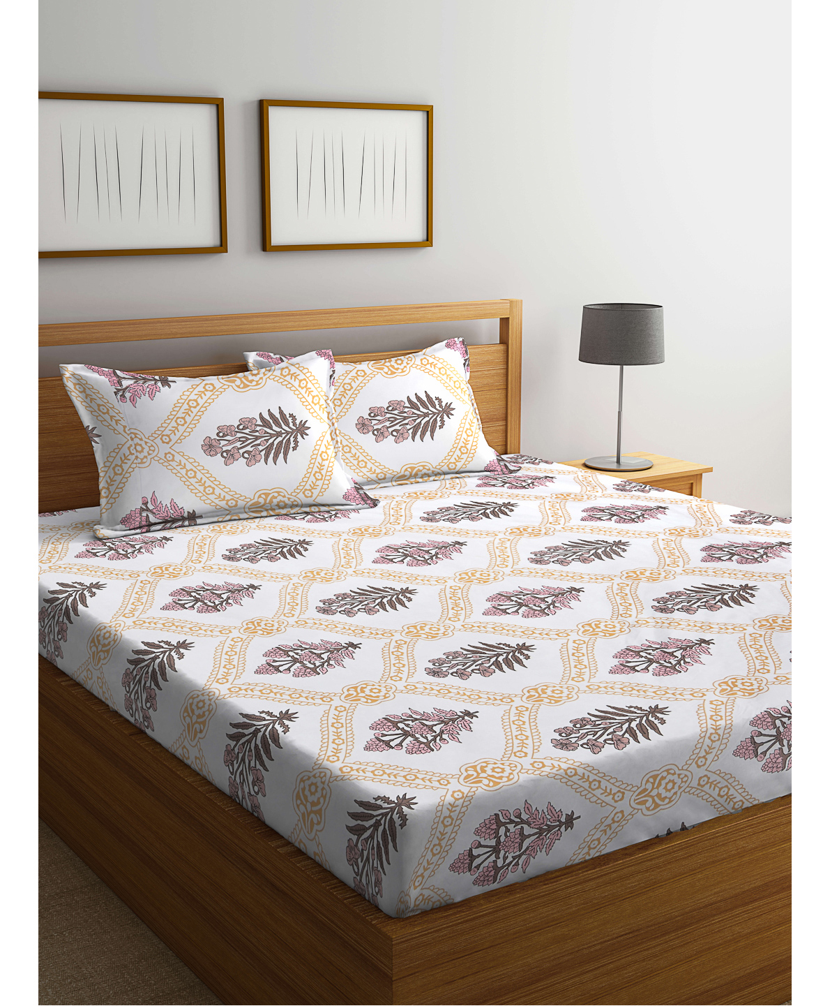 Klotthe Multicolor Floral 300 TC Cotton Blend Fitted Double Bedsheet with 2 Pillow Covers-picture-18