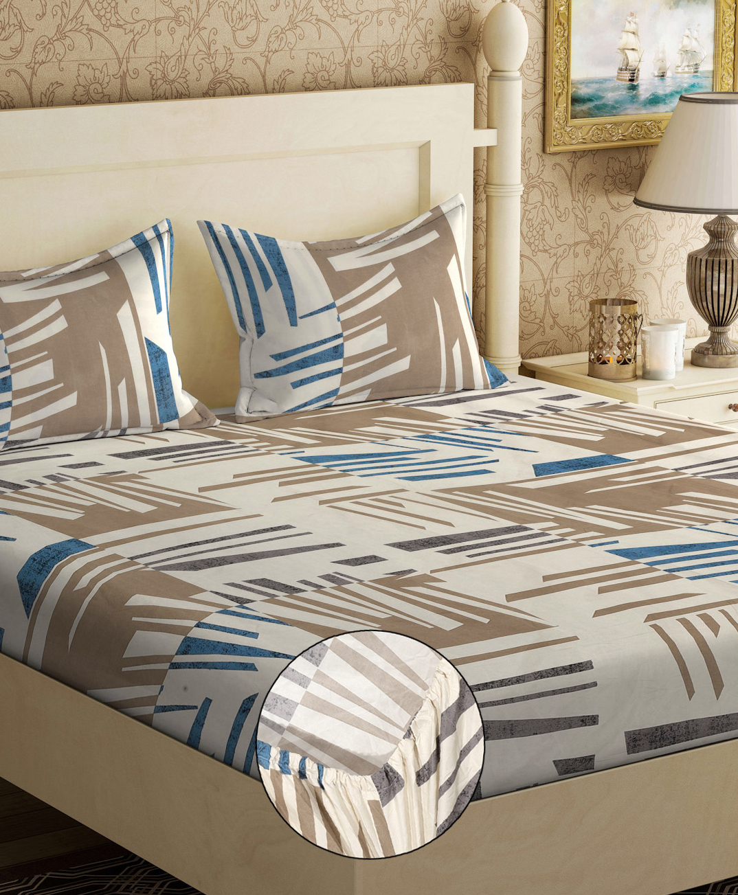 Klotthe Multicolor Abstract 300 TC Cotton Blend Fitted Double Bedsheet with 2 Pillow Covers-picture-13