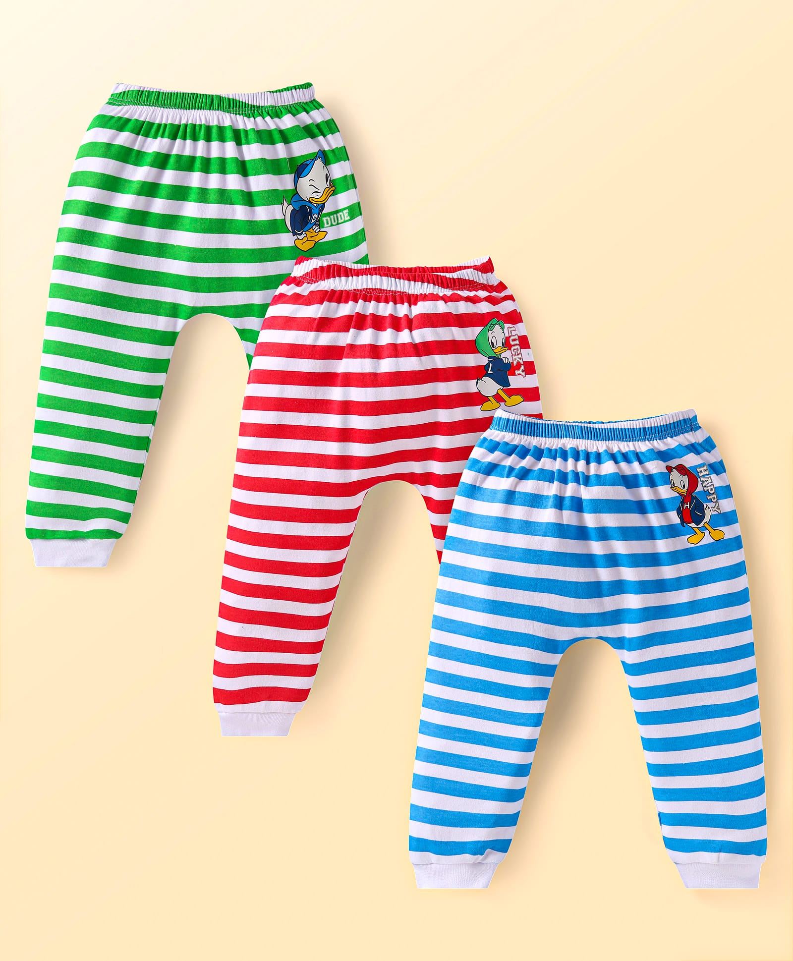 Babyhug Disney Interlock Knit Full Length Diaper Leggings with Donald Duck Graphics Pack of 3 - Blue Red & Green