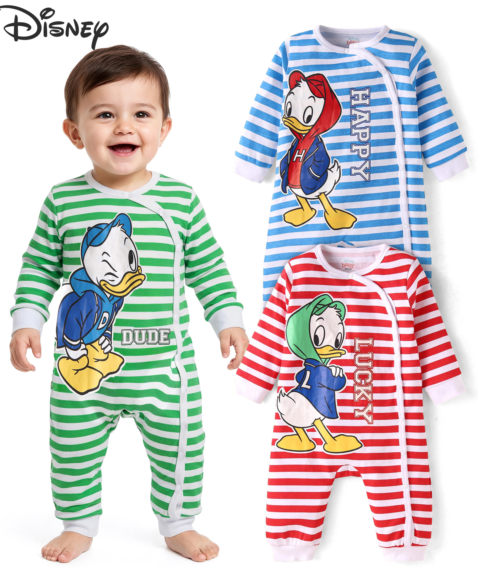 Babyhug Disney Interlock Knit Full Sleeves Striped Rompers With Donald Duck Graphics Pack of 3 - Blue Green & Red-picture-26