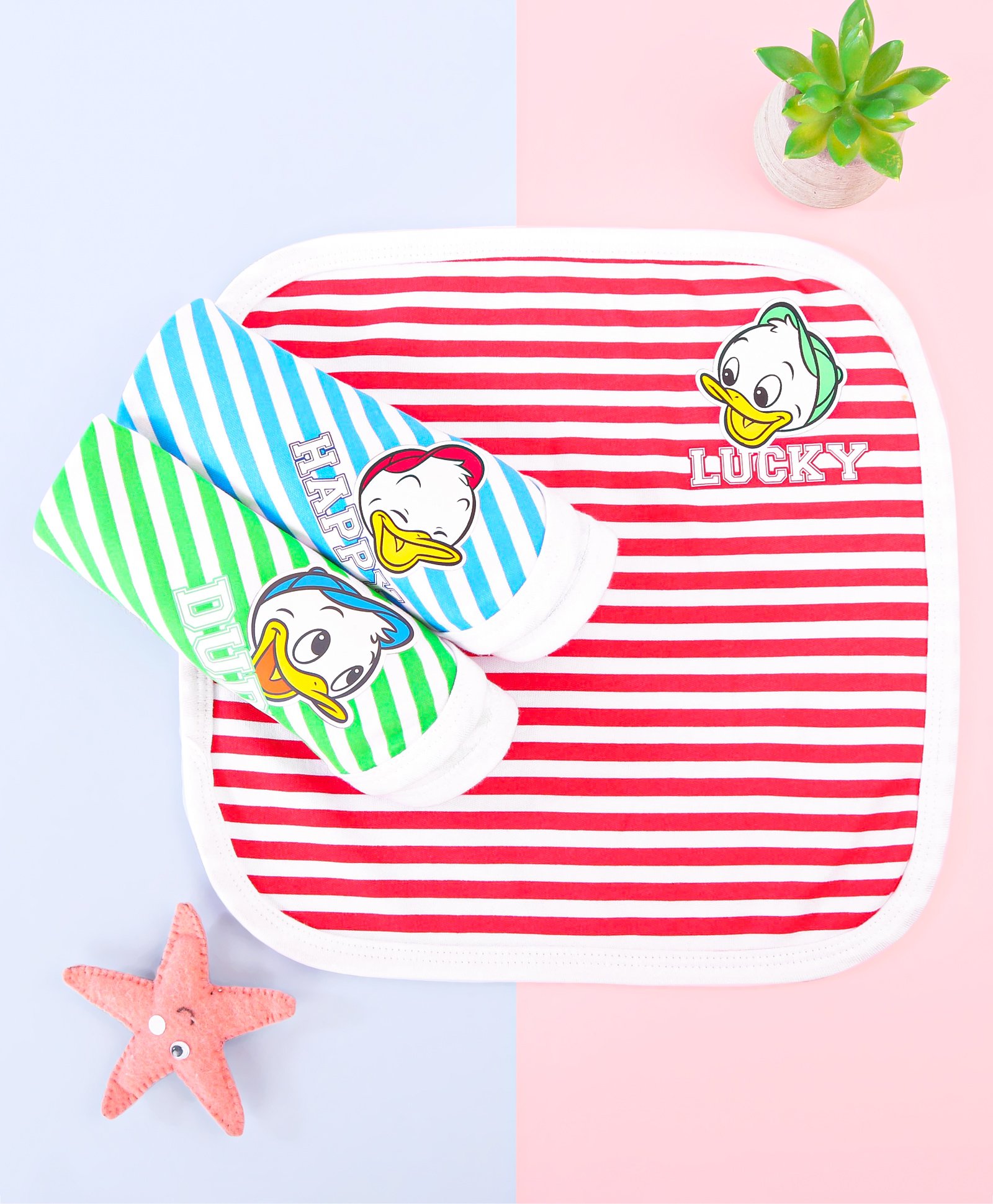 Babyhug Disney Interlock Knit Hand & Face Towels With Donald Duck Graphics L 29 x B 29 cm Pack of 3 - Red Blue & Green-image-2