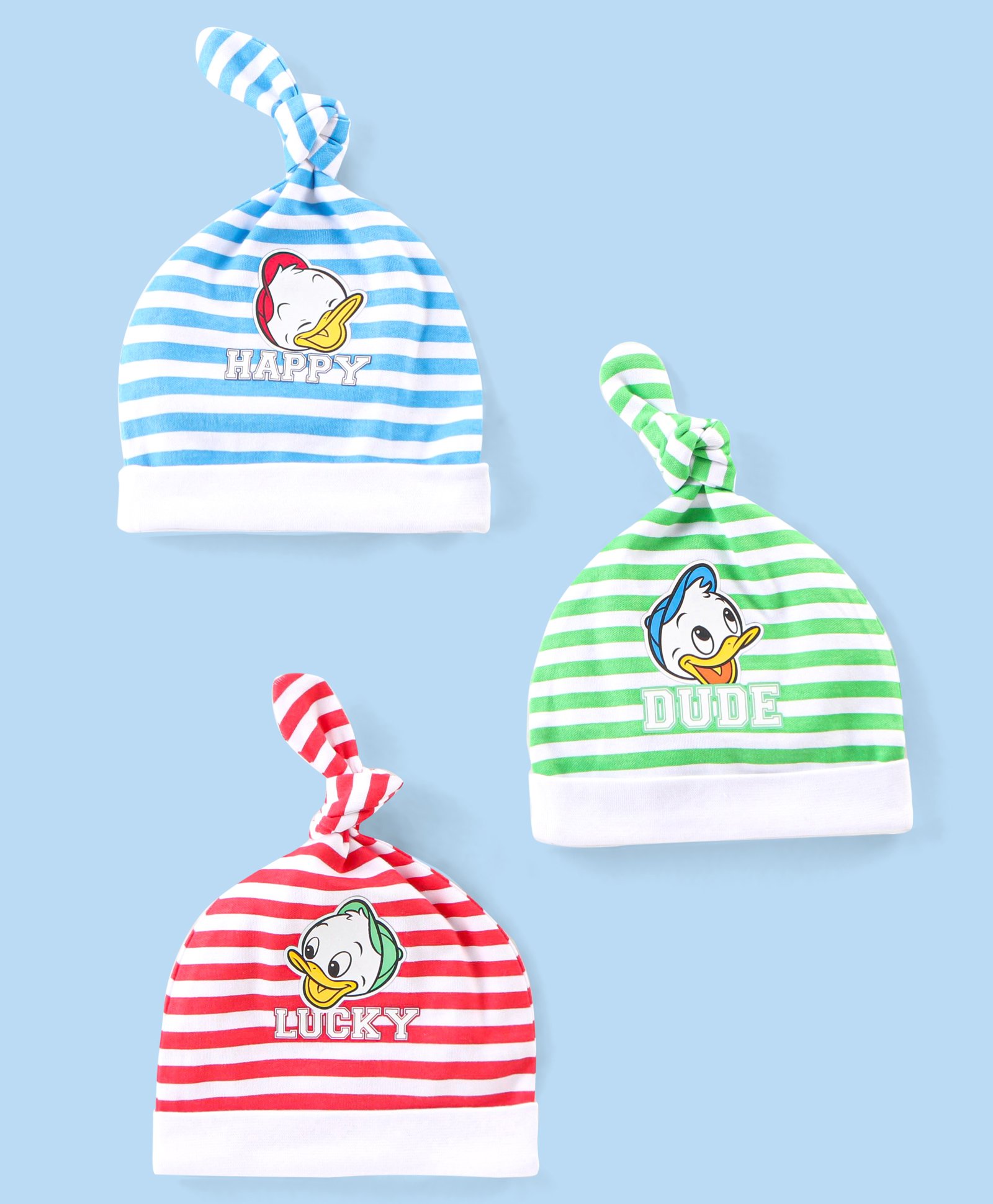 Babyhug Disney Interlock Knit Striped Caps with Knit Detailing & Donald Duck Graphics Pack of 3 - White Blue & Red-picture-36