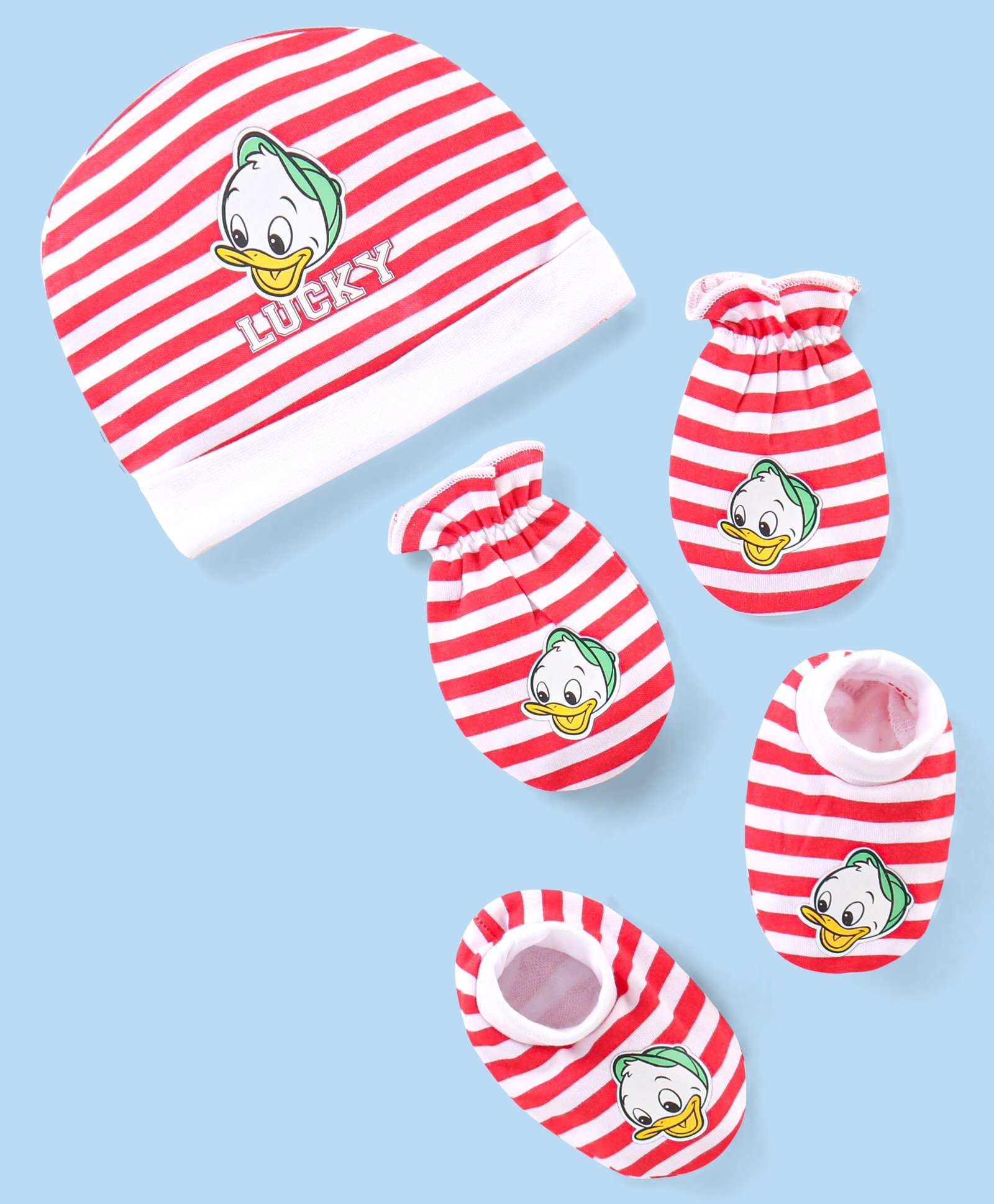Babyhug Disney Interlock Knit Striped Cap Mittens & Booties Set with Donald Duck Graphics - Red & White-picture-28