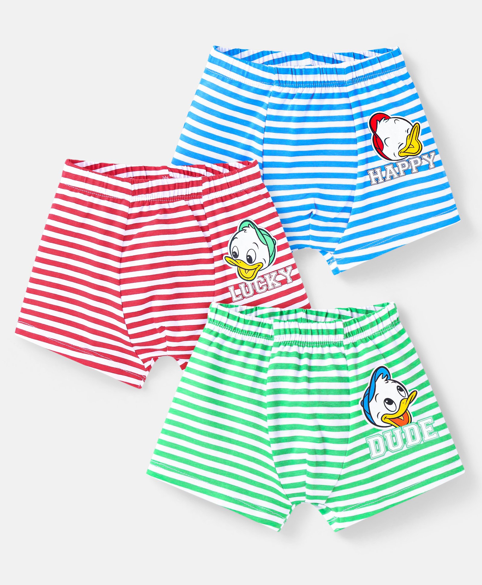 Babyhug Disney Interlock Knit Mid Thigh Length Striped Briefs With Donald Duck Design Pack of 3 - Red Blue & Green-image-29